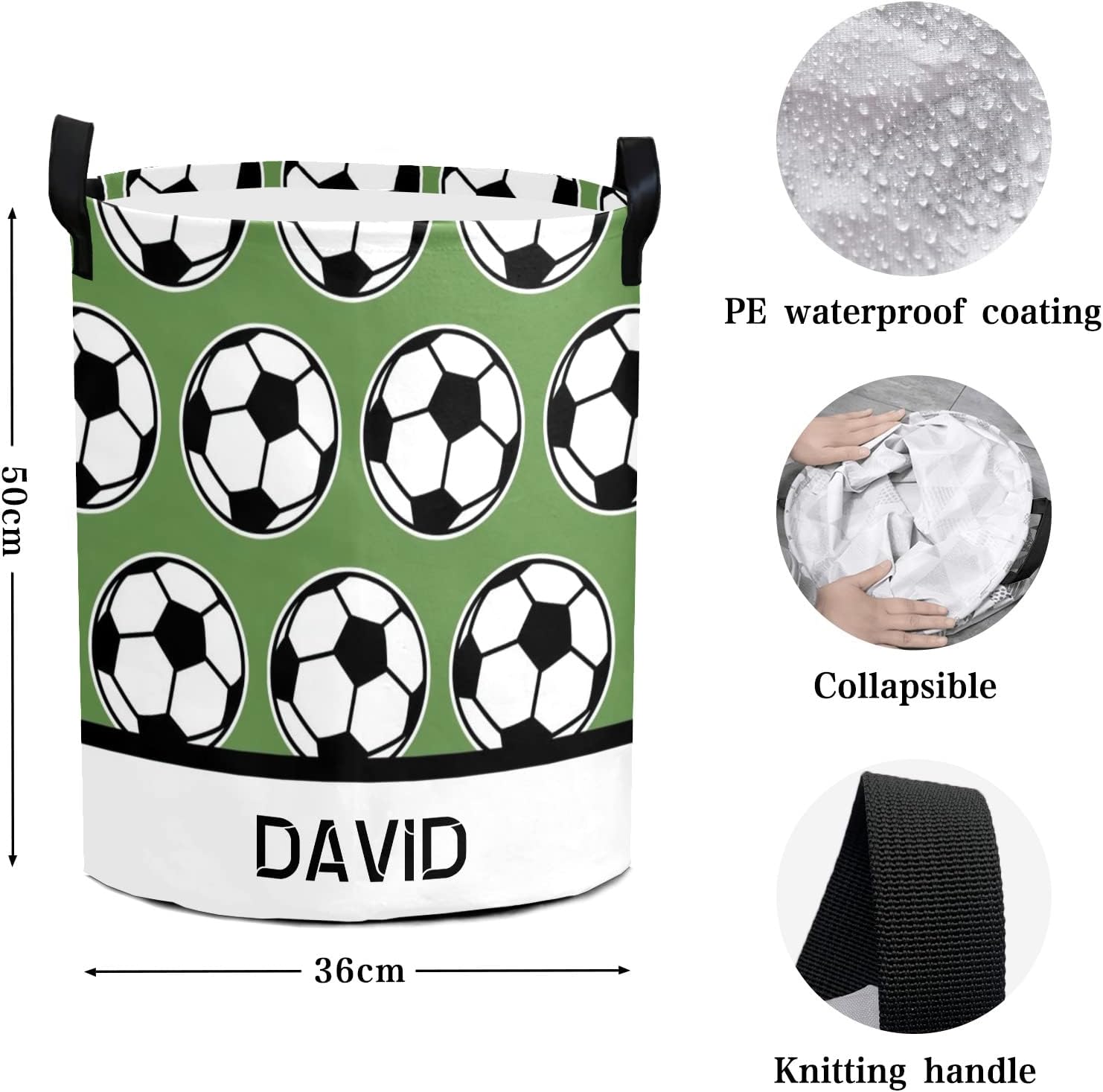 Sports Soccer Balls Green Personalized Laundry Basket Clothes Round Storage Handle Waterproof, Custom Foldable Large Capacity and Lightweight, For Bedroom Bathroom Toy Decoration