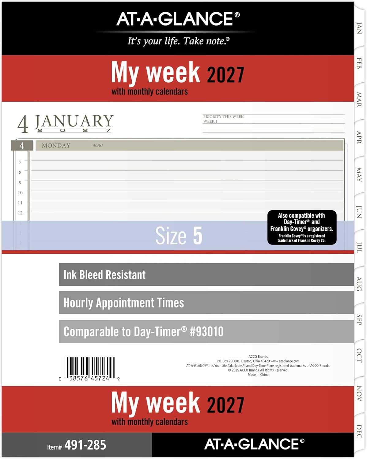 AT-A-GLANCE 2027 Planner Refill, Weekly, 8.5" x 11", Folio Size 5, Tabbed, 7-Ring Loose-Leaf (491-285-27)