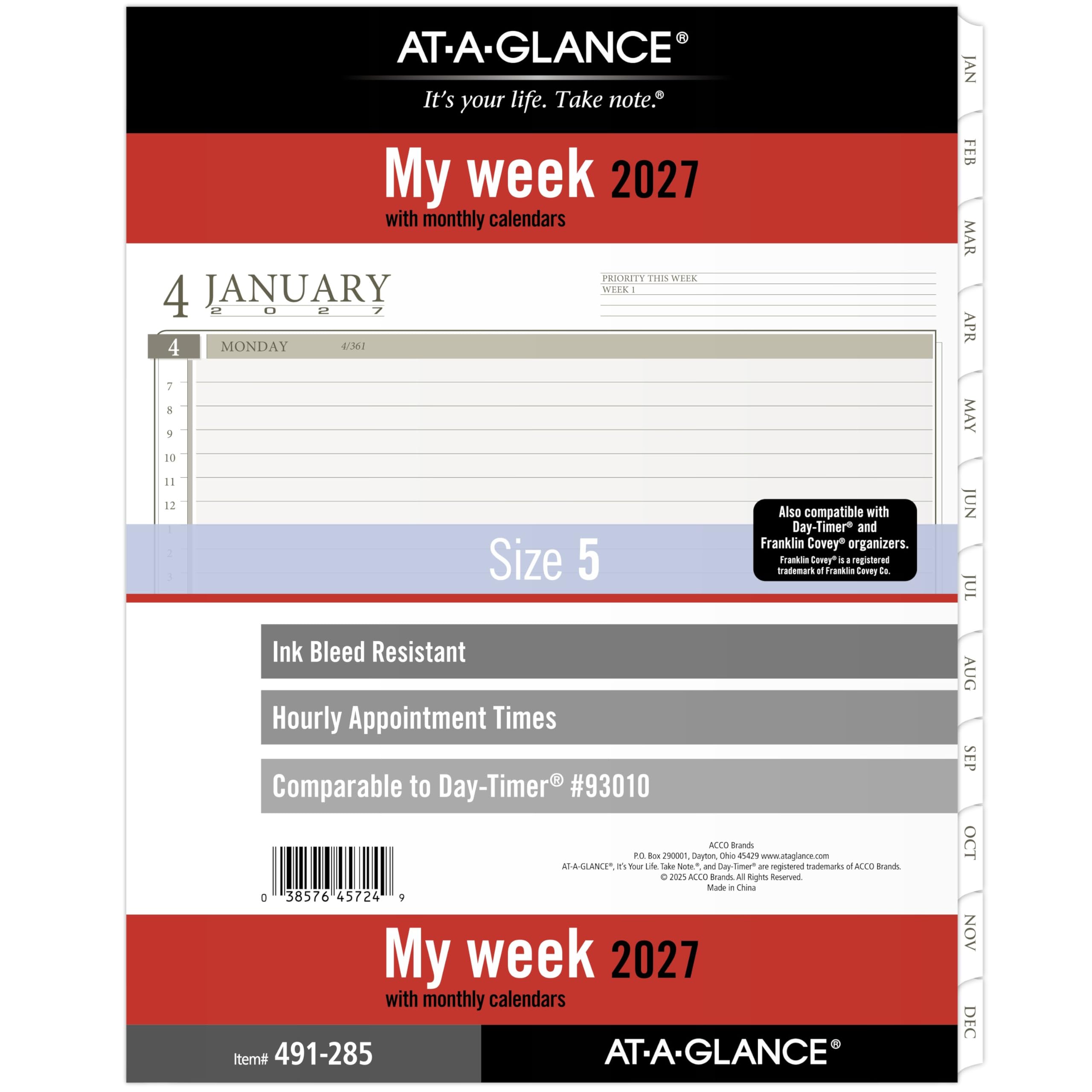 AT-A-GLANCE 2027 Planner Refill, Weekly, 8.5" x 11", Folio Size 5, Tabbed, 7-Ring Loose-Leaf (491-285-27)