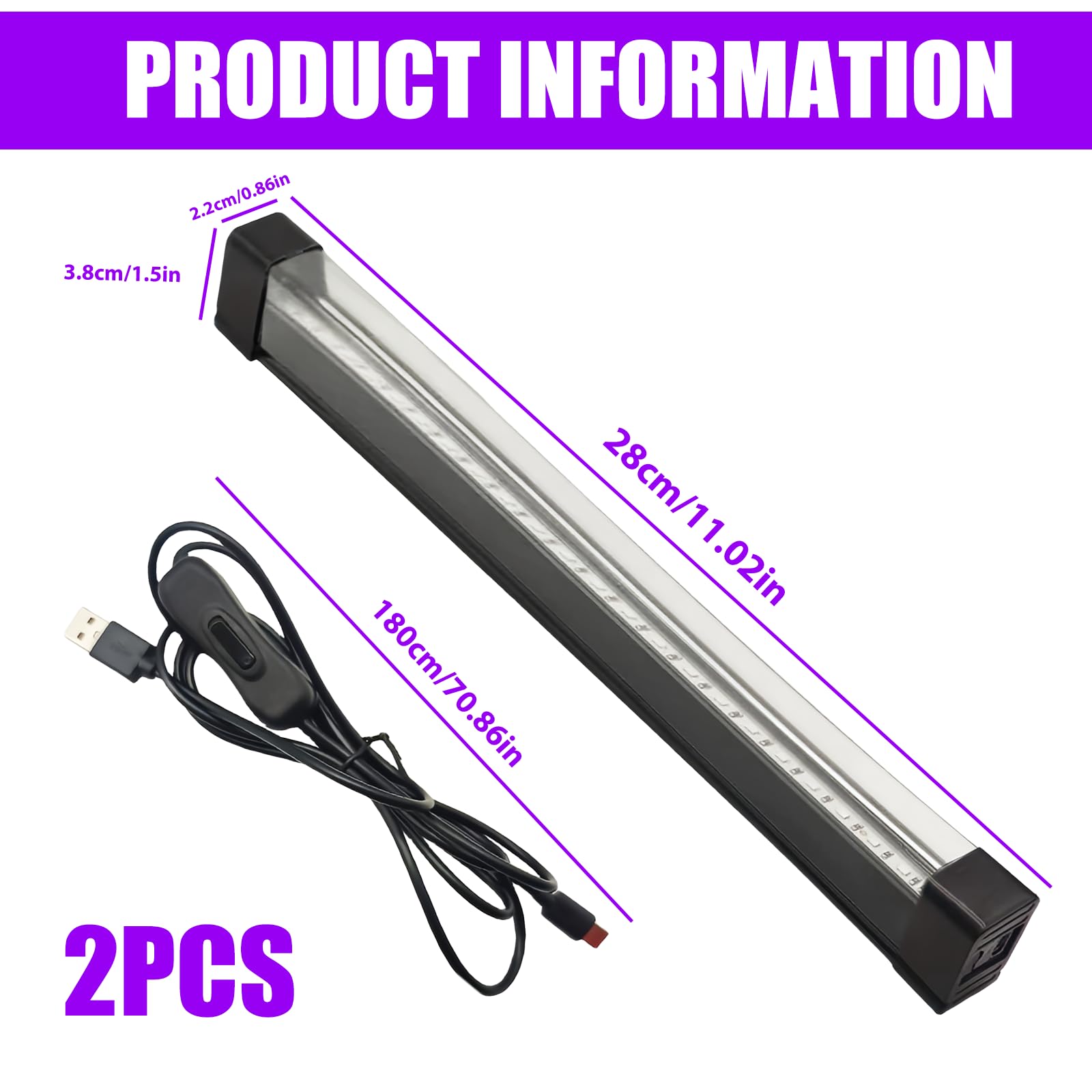 2 lámparas de luz negra: 8 W, lámpara de luz negra con interruptor y conector USB, luz negra UV, tubo de luz UV para discoteca, fiesta, Halloween, decoración de escenarios