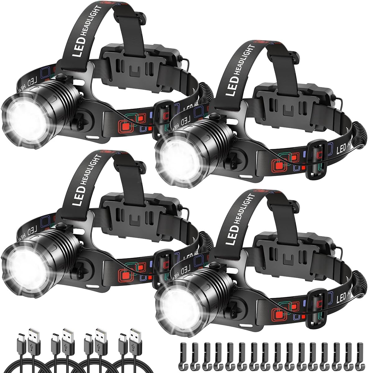 High Lumen Rechargeable Headlamp, Super Bright Head Lamp, 90°Angle Head Lights for Forehead, Adjustable Focus Headlight, 4Mode LED Headlamp Rechargeable, Headlamps for Adults Hard Hat Camping (2Pack)