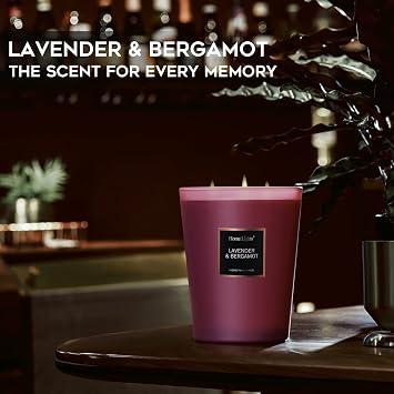 HomeLights Highly Scented Soy Candles Big 33.3 oz for Home. 3 Cotton Wicks, Smokeless Long Lasting in Lavender & Bergamot. 5x6, Great Gift for Women & Men