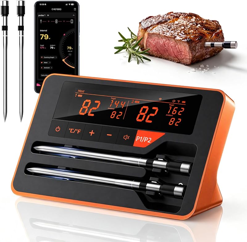 Bluetooth Wireless Meat Thermometer Digital for BBQ Oven Smoker Grill | 800FT Bluetooth Food Thermometer, Standalone Base, 2 Meat Probes, Dual Sensors, NIST Certified Accuracy