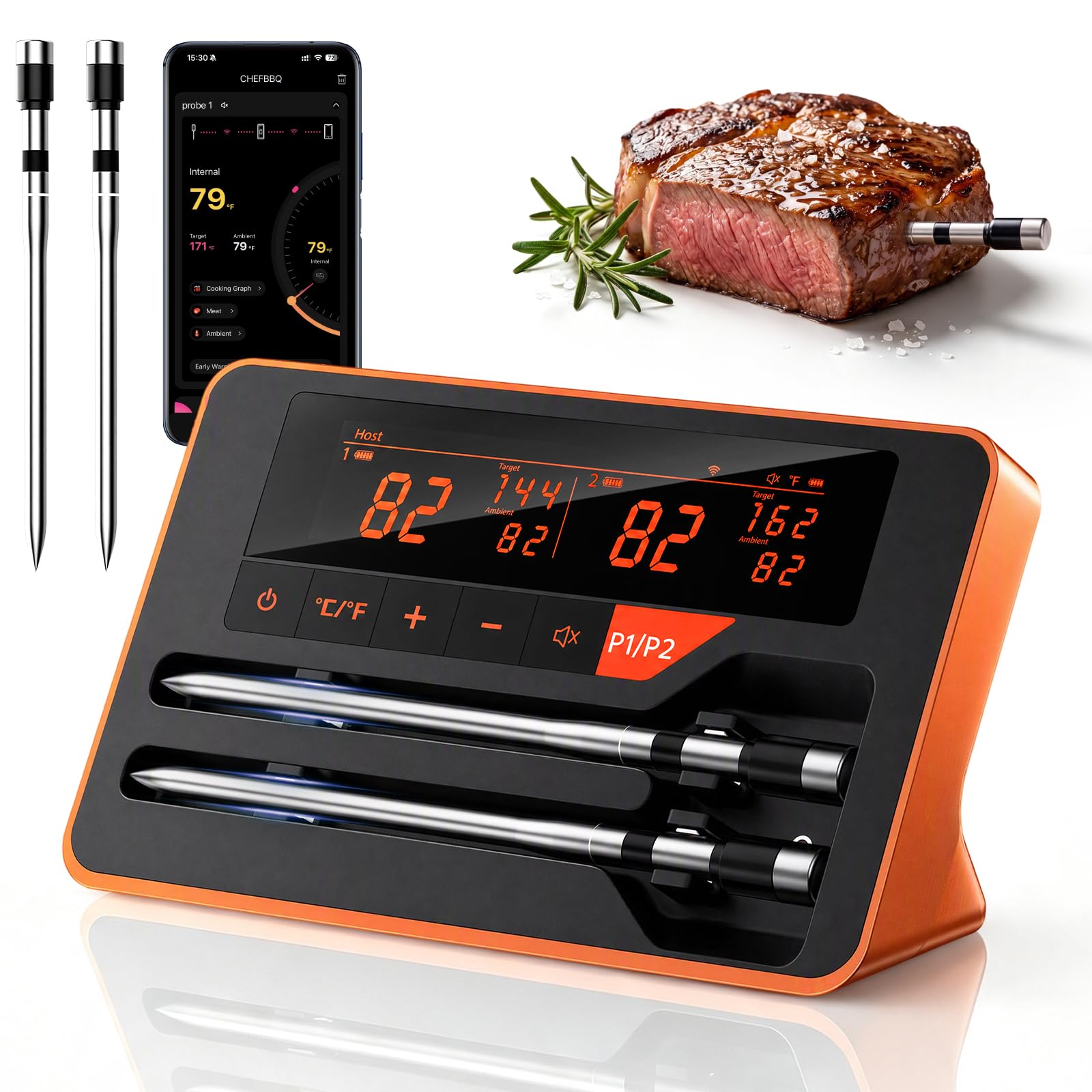 Bluetooth Wireless Meat Thermometer Digital for BBQ Oven Smoker Grill | 800FT Bluetooth Food Thermometer, Standalone Base, 2 Meat Probes, Dual Sensors, NIST Certified Accuracy