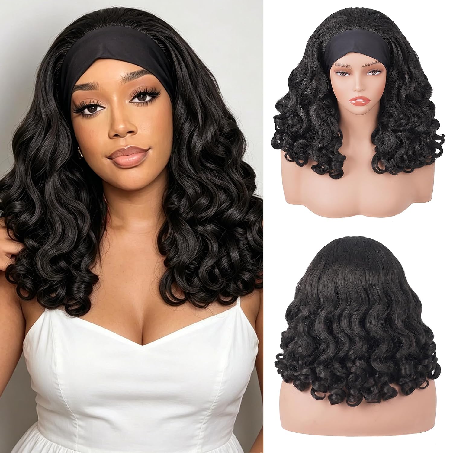 Yaki Curly Headband Wigs for Black Women, Synthetic Headband Wig with Curly Ends, Glueless Wear and Go Half Wig, Natural Texture Kinky Straight Wig for Daily Use（16in,Black）