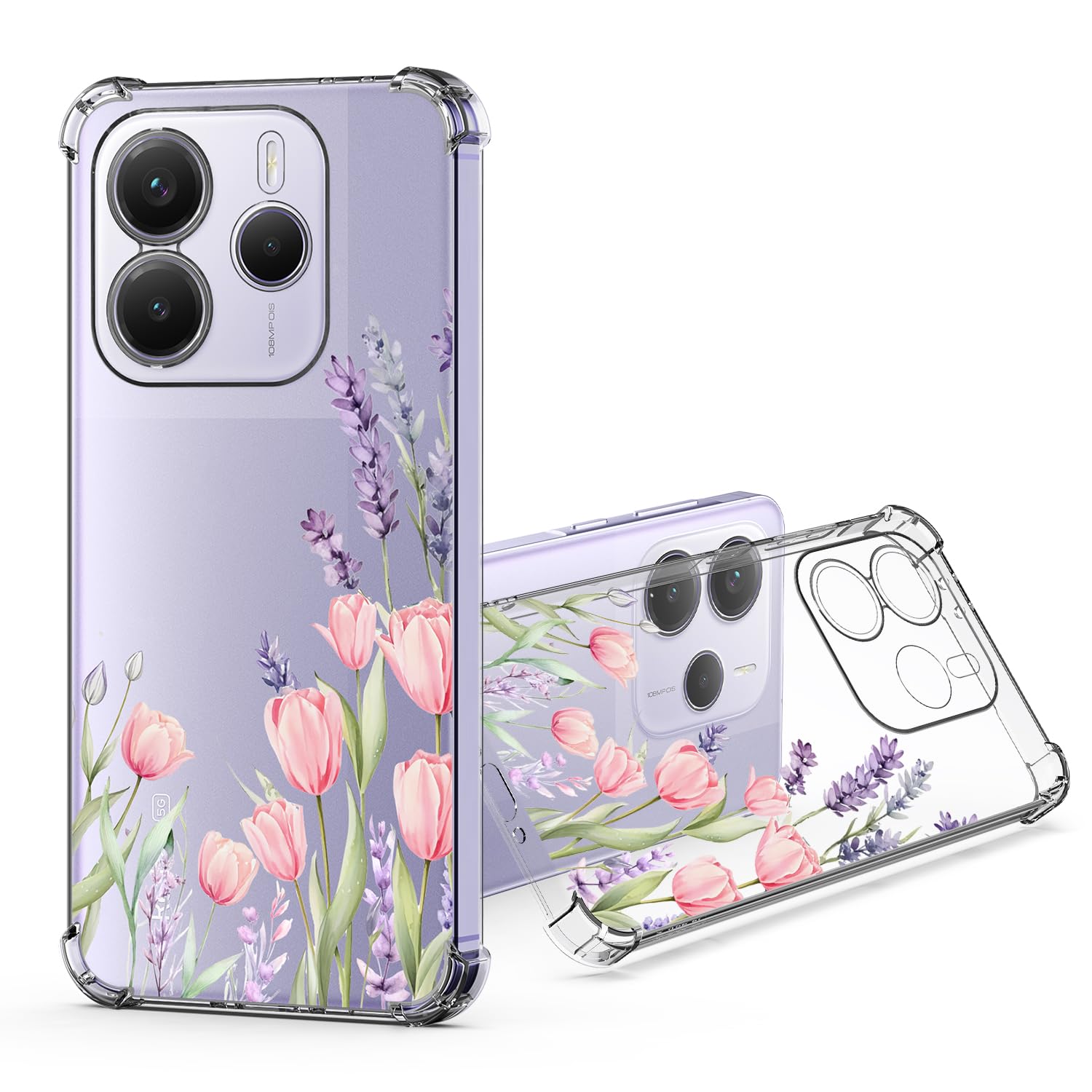 JRIANY für Xiaomi Redmi Note 14 5G Durchsichtig Hülle, Transparent Weich Silikon Handyhülle mit Bunt Blumen Muster Motiv Stoßfest Kameraschutz Schutzhülle Slim Clear Klar Case Cover - Lavendel Tulpen