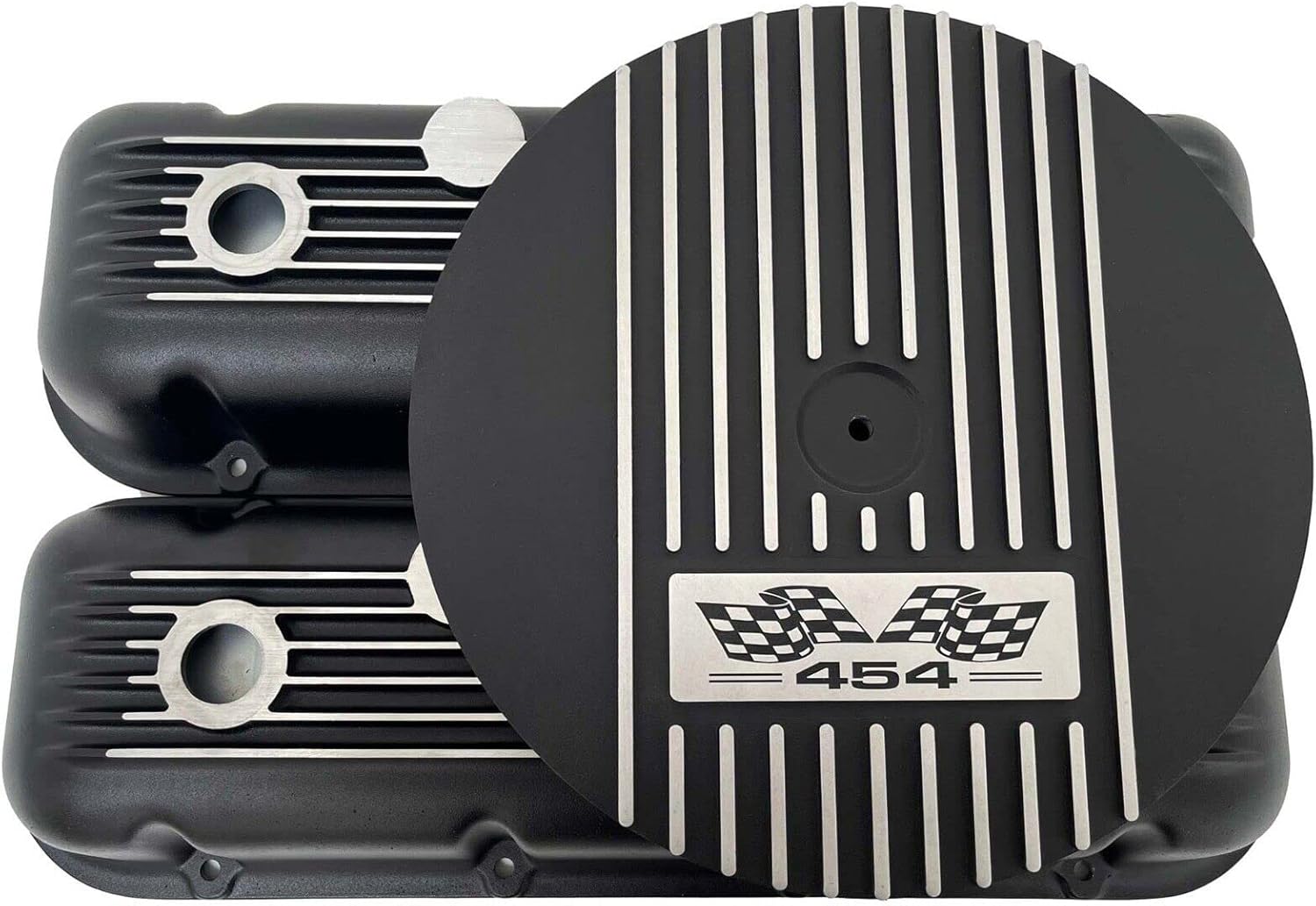 454 Big Block Chevy Finned Black Valve Covers & 13" Air Cleaner Kit