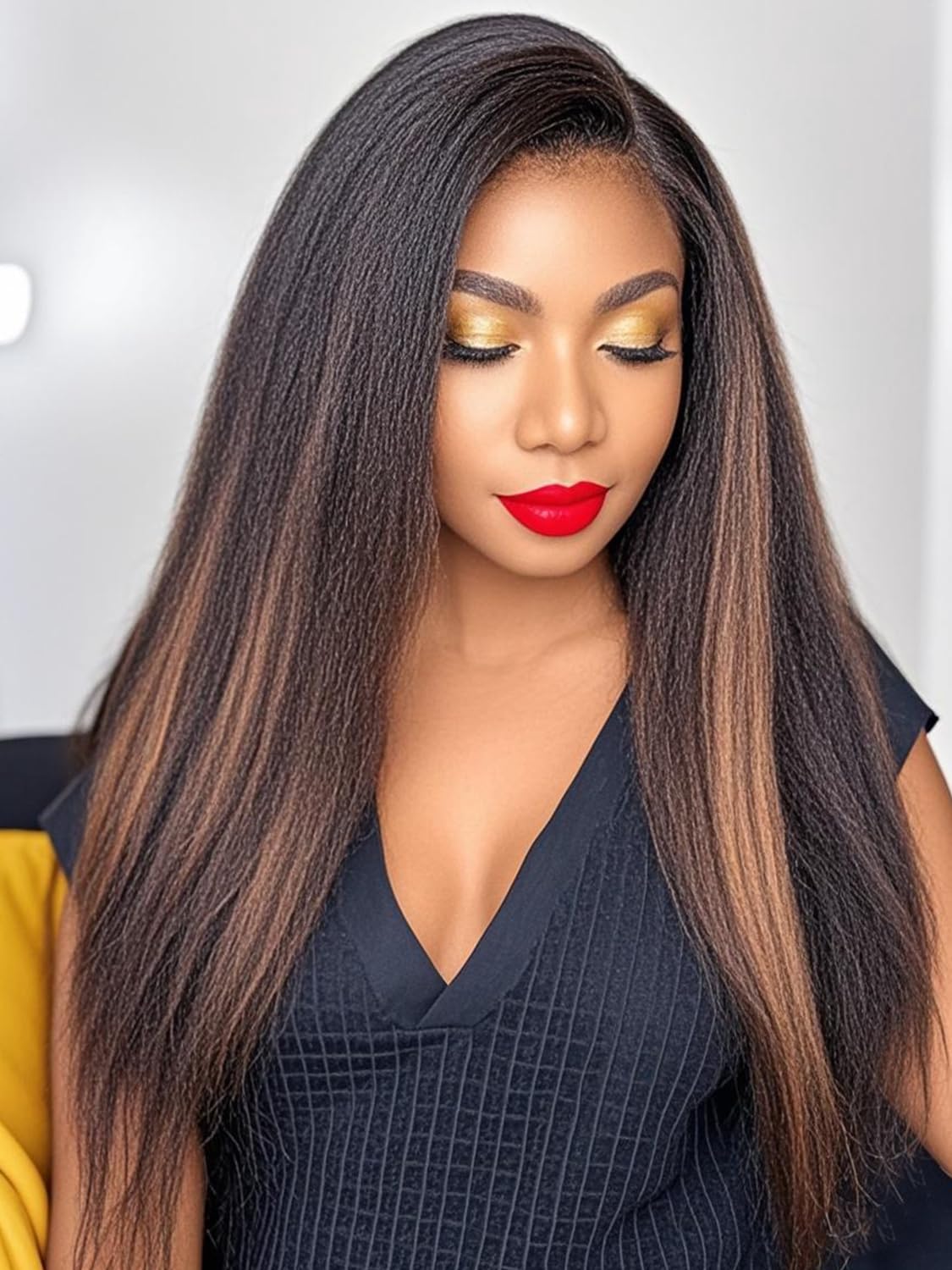 Ombre Highlight Kinky Straight Human Hair Wigs Pre Plucked with Baby Hair Italian Yaki Lace Front Human Wigs For Black Woman18 Inch