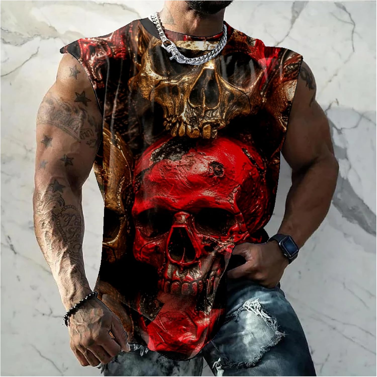 Graphic Tank Tops Men Skull Printed Sleeveless Summer Oversized Loose Gym Workout Breathable Sportswear - Image 2