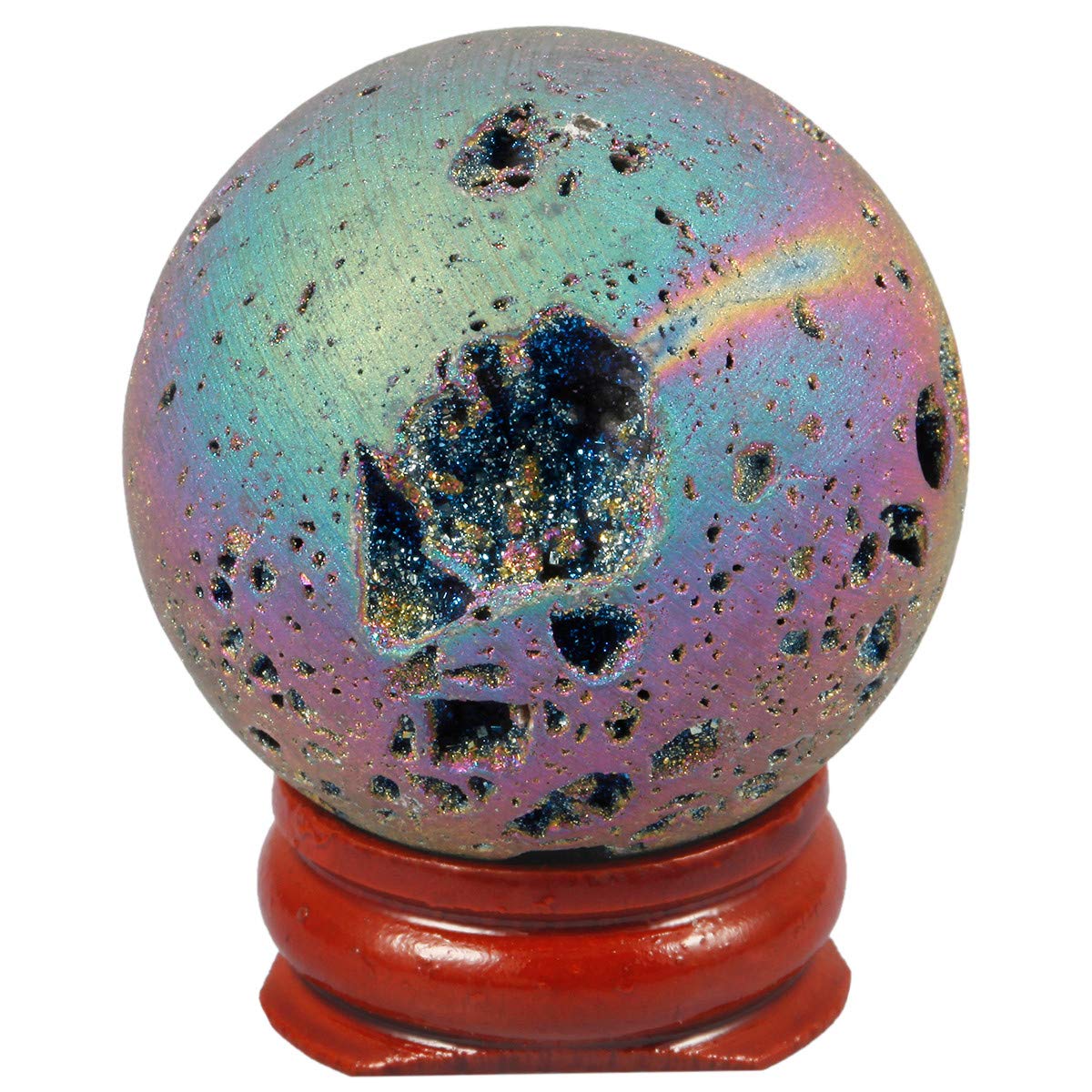 TUMBEELLUWA Druzy Agate Geode Gemstone Titanium Coated Aura Quartz Healing  Crystal with Wood Stand,Sphere Ball Shape,Rainbow