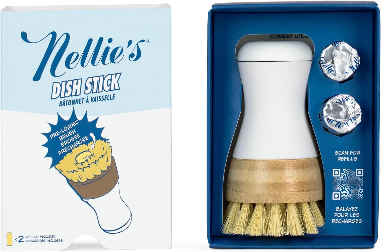 Nellie's Dish Stick + 2 Refills – Dish Soap Dispenser & Scrubber in One – Includes Refillable Soap – Built-In Brush – Twist-Up Design – Reusable, Planet-Conscious, Mess-Free Cleaning (Made in Canada)