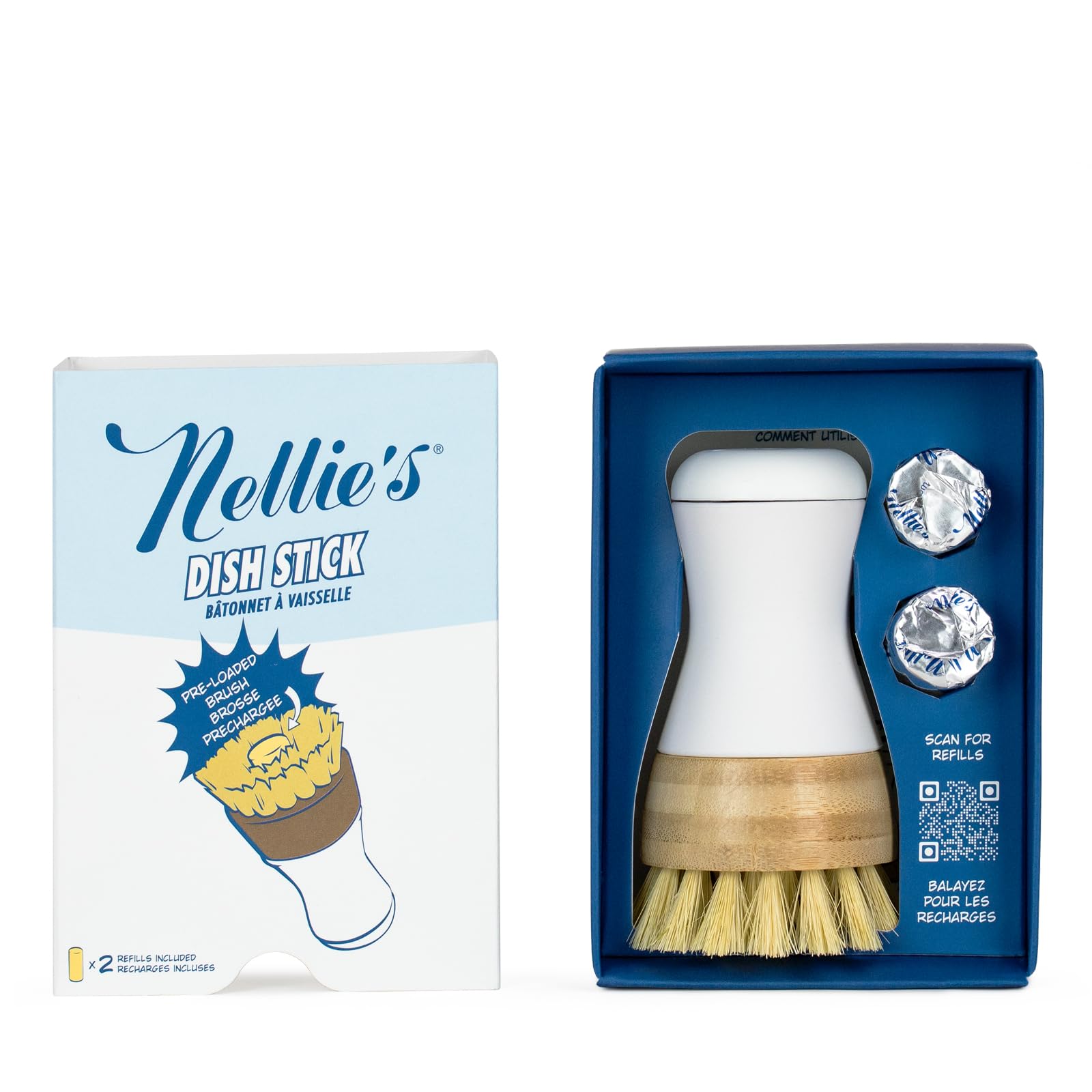 Nellie's Dish Stick + 2 Refills – Dish Soap Dispenser &amp; Scrubber in One – Includes Refillable Soap – Built-In Brush – Twist-Up Design – Reusable, Planet-Conscious, Mess-Free Cleaning (Made in Canada)