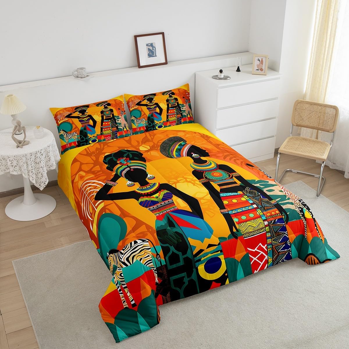 Feelyou Black Woman Queen Size Bedding Set Ethnic Afro African Comforter Traditional Exotic Comforter Set Tribal Quilted Duvet Set 2 Pillowcases