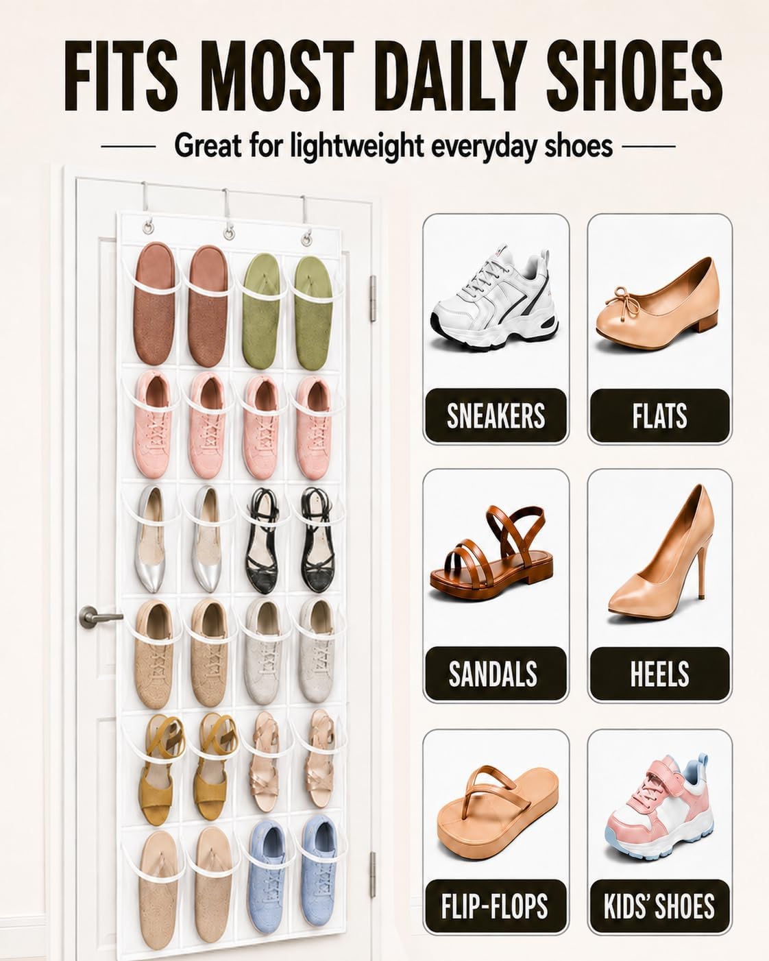 Over The Door Shoe Organizer with 24 Large Breathable Mesh Pockets