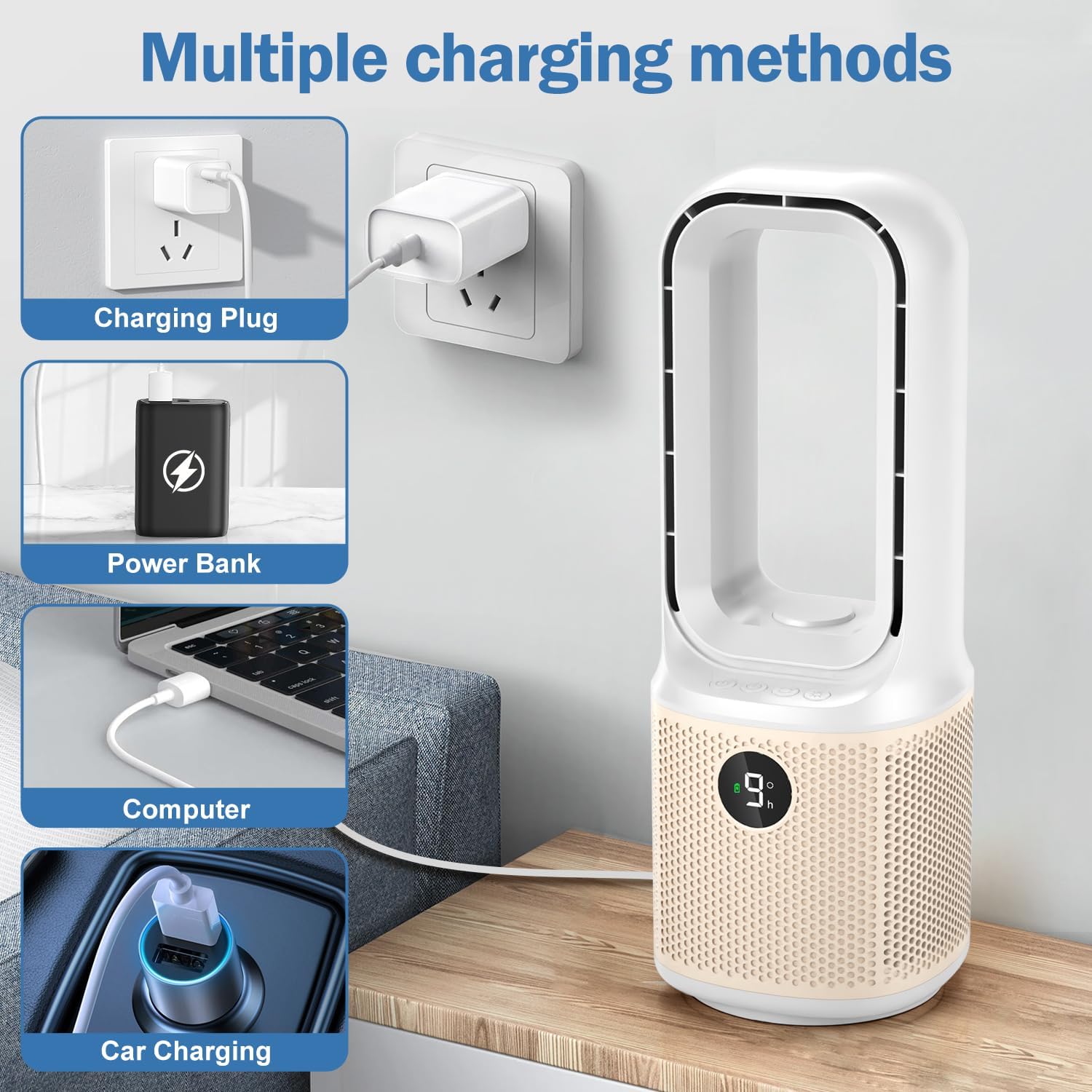 Desk Fan - Small Quiet Bladeless Table Fan, 14 Inch USB Rechargeable with 5000mAh Battery, 60° Oscillating, 9 Speed Adjustable, 3 Light Modes, Touch Control Mini Fan for Office Bedroom Living Room