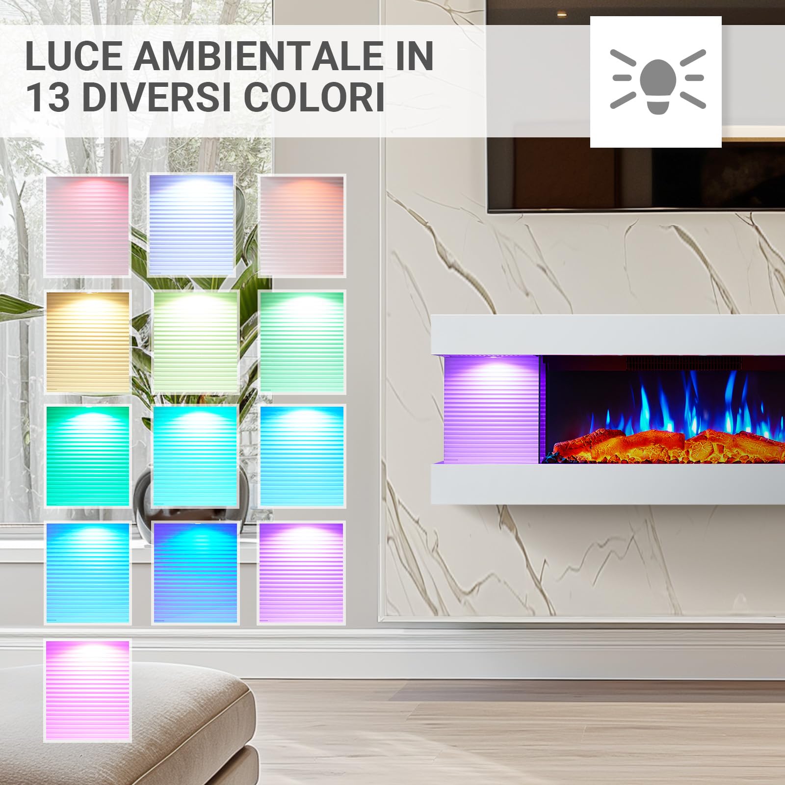 Balderia Camino Elettrico Lumina elettrico da parete con effetto fiamma 3D, riscaldamento 1000/2000 W, illuminazione a LED, camino con telecomando, timer, termostato, bianco
