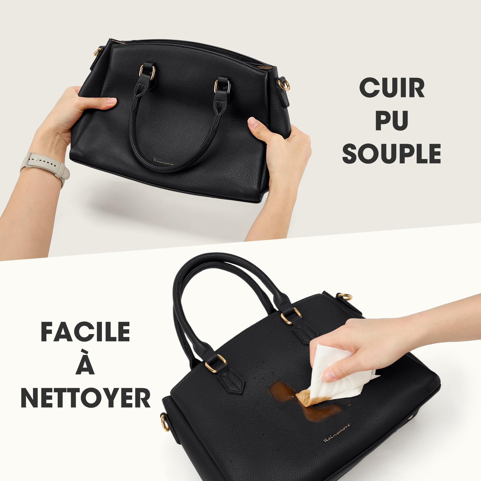 RAINSMORE Sac a Main Femme en Cuir PU Sac a Main avec Bandoulière Amovible Sac a Main Femme Cuir Convient pour Tablette 11 Pouces Sac à Main pour le Travail Shopping Noir