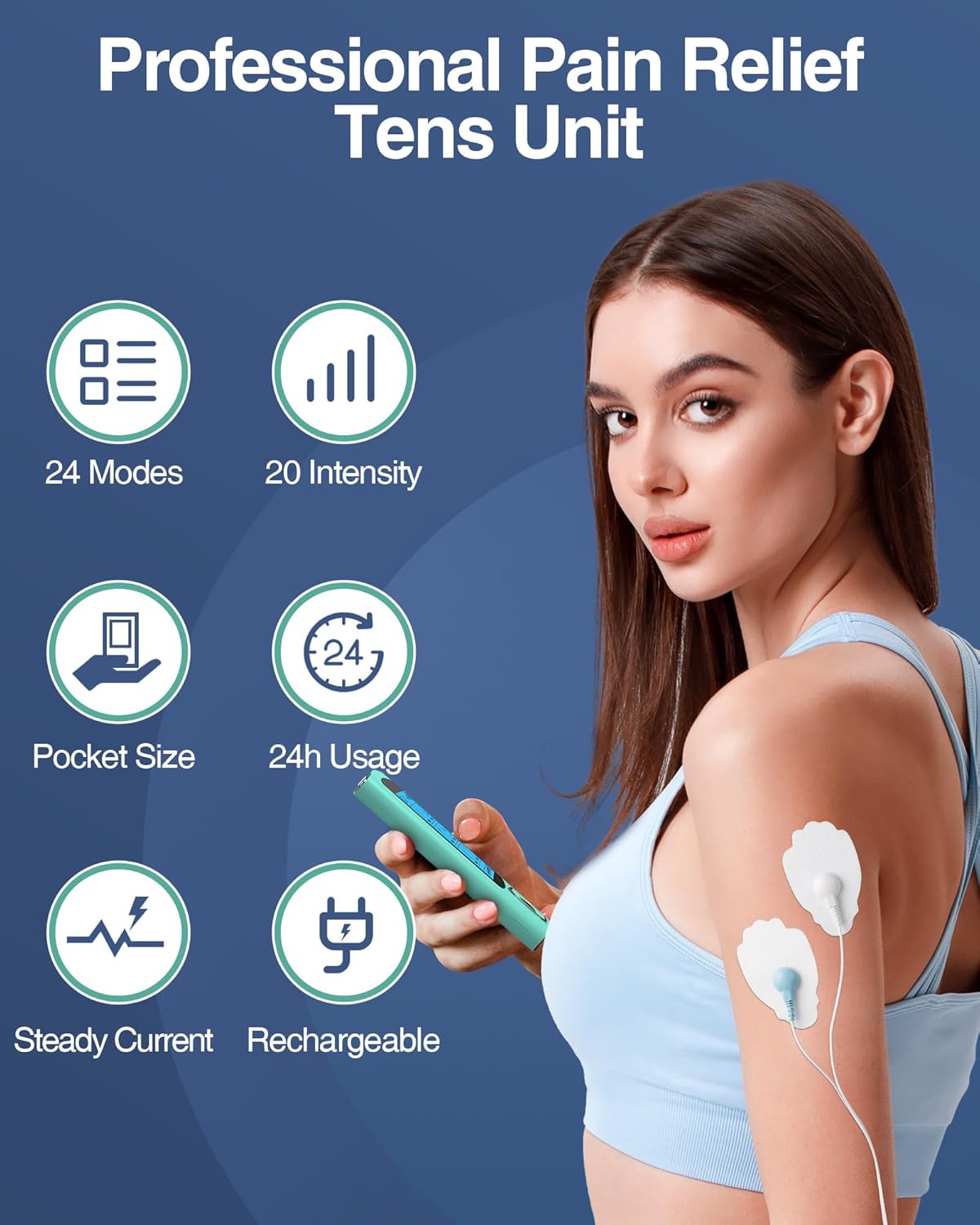 NURSAL 24 Modes TENS Unit Muscle Stimulator, Rechargeable Electronic Pulse Massager with 8 Pads for Back and Shoulder Pain Relief and Muscle Strength (Cyan)