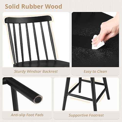 Miniatura 4 de LUE BONA Juego de 4 taburetes de bar giratorios de 360, taburetes de bar Windsor negros, taburete de bar de altura de mostrador con respaldo de