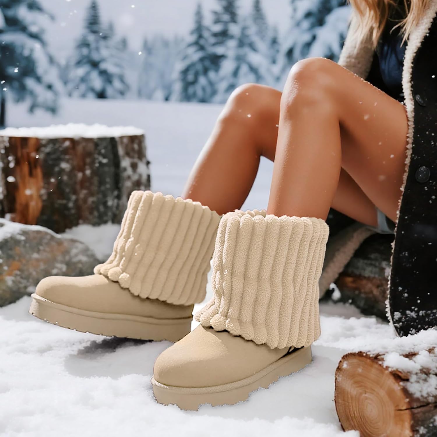 Women's Platform Suede Ankle Snow Boots Winter Warm Fur Lined Anti-Slip Short Pull On Cuff Boots - Image 3