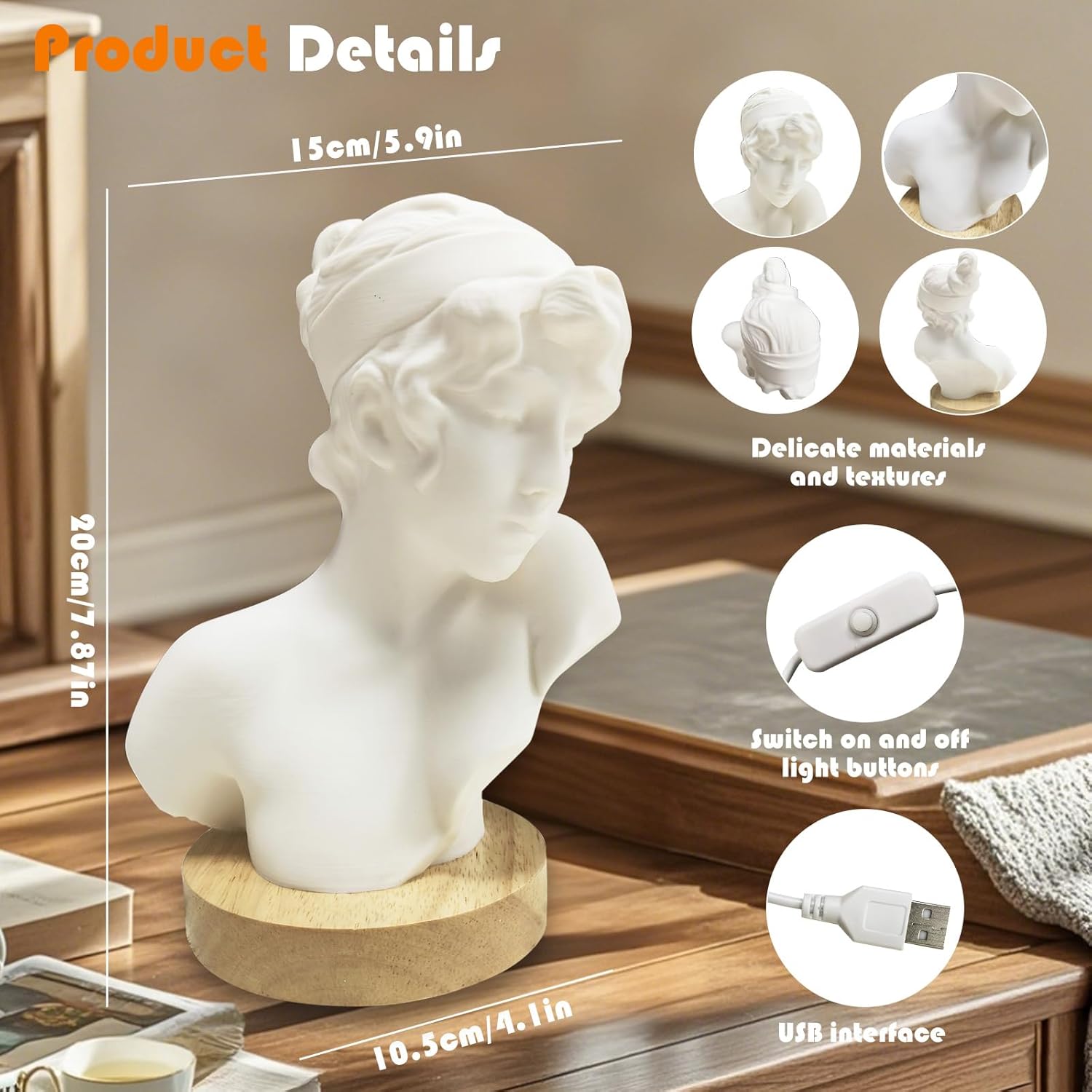 BSOD Sappho Bust Lamp, Table Lamp with Ancient Greek Love Statue, 3 Color CCT Bedroom Lamp USB Night Light Gift for Women, Small Lamps for Bookcase, Shelf, Kids (Sappho-3 Color Temperature Lamp)