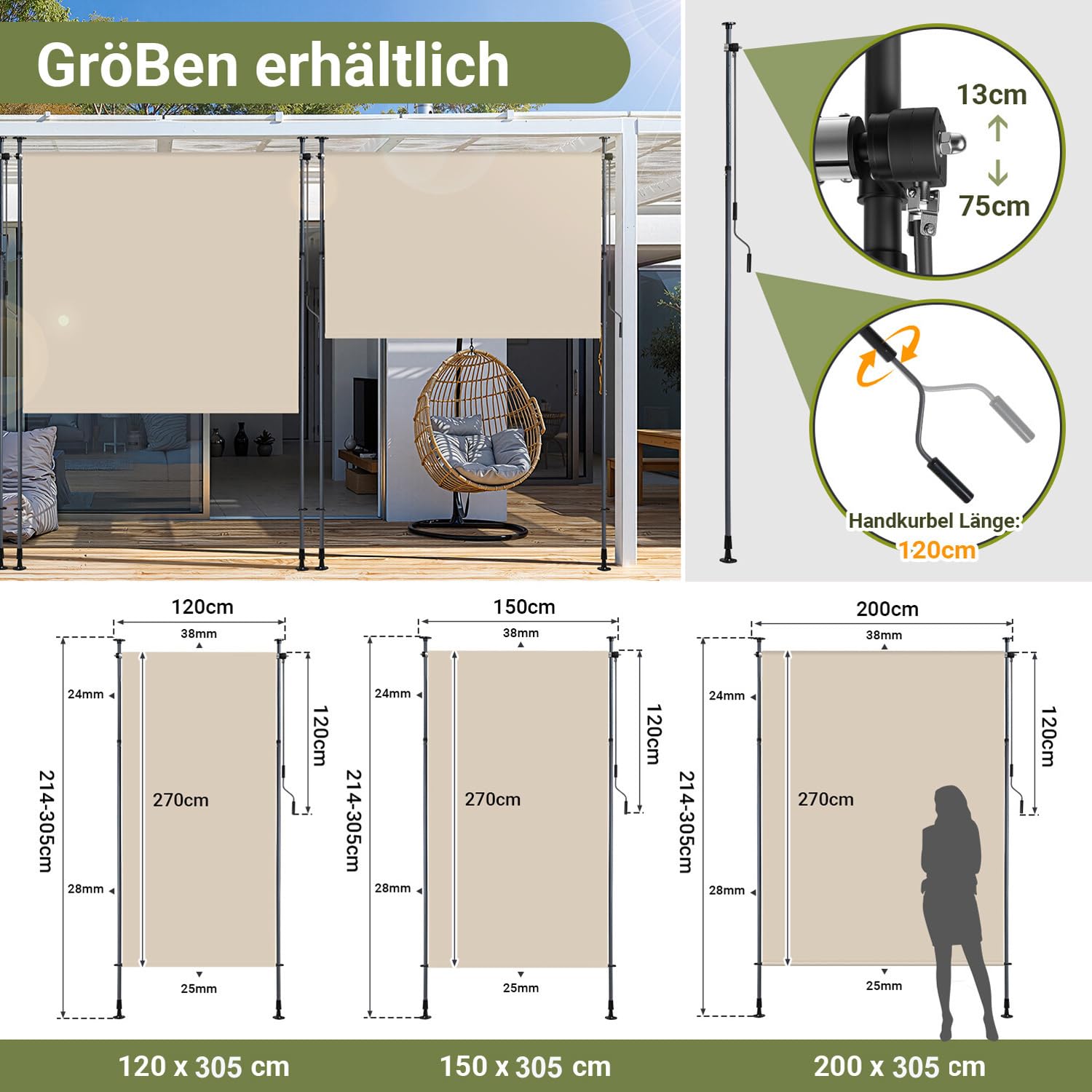 Tenda da sole verticale per esterni 200x270 cm allungabile con morsetto e manovella beige