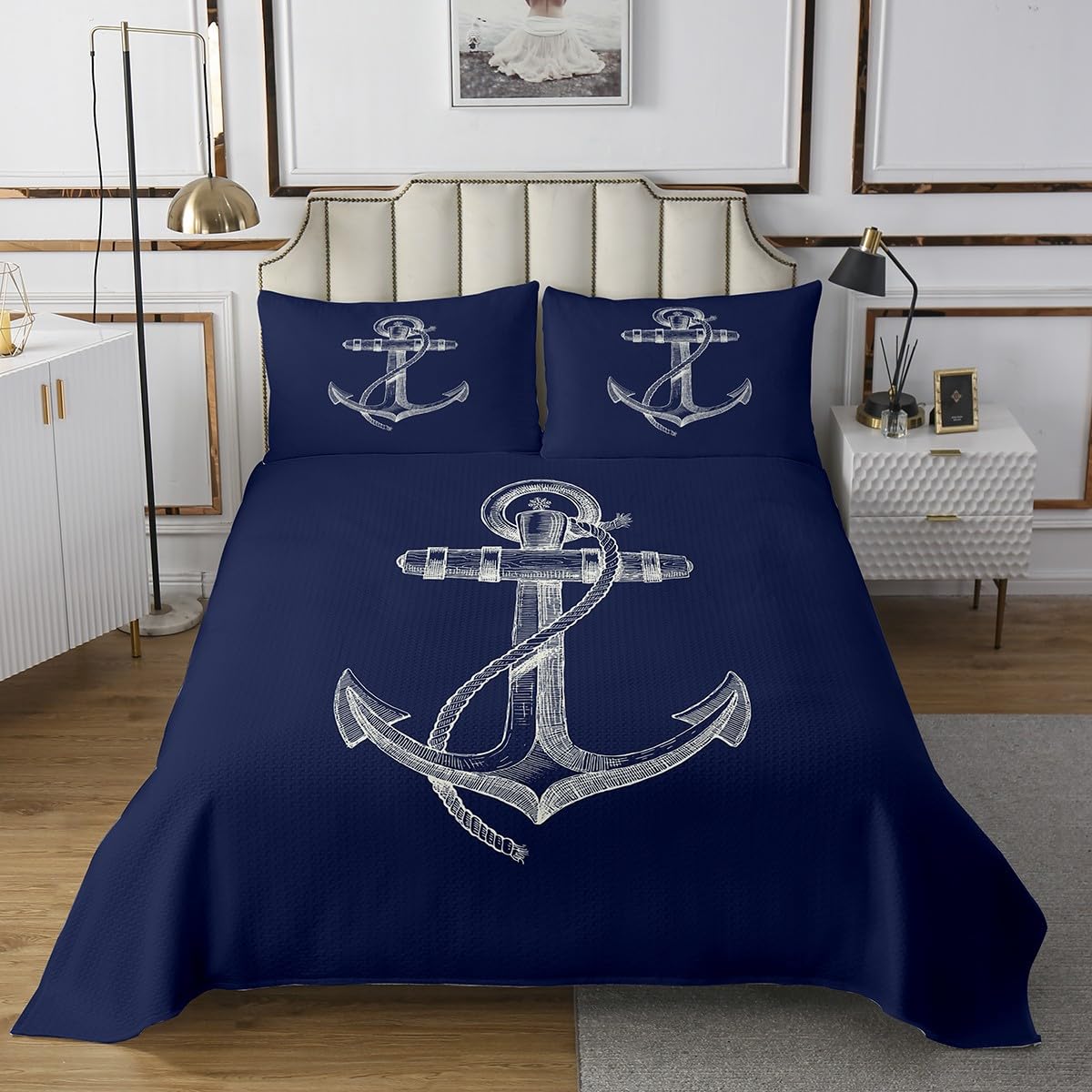 Feelyou Anchor Decor Bedspread Queen Size Nautical Themed Coverlet Set Anchor Print Quilt Set Dark Blue Bedding Cover for Boys Girls Kids Adults