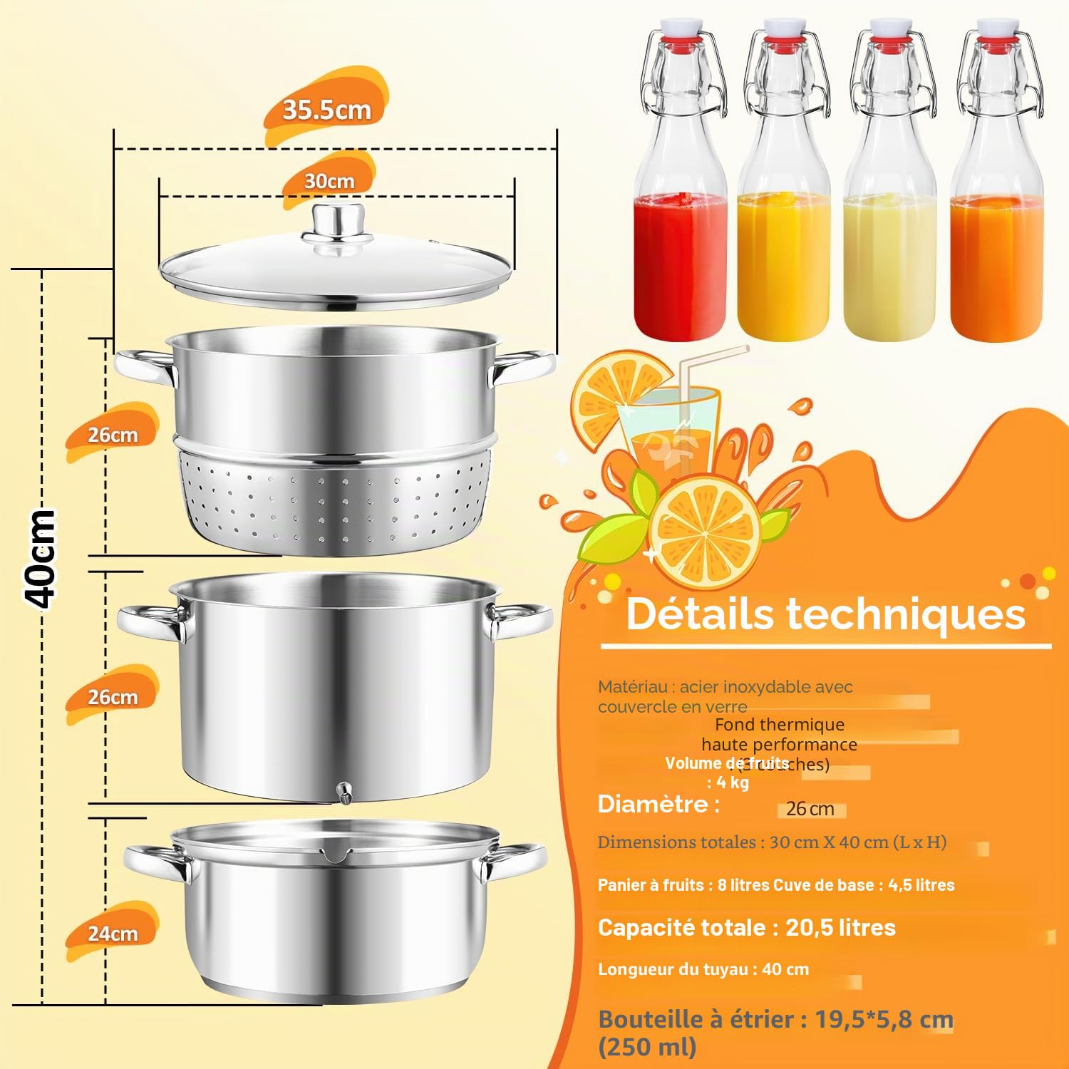 Extracteur de jus vapeur en acier inoxydable Ø26 / 16L avec 4 bouteille, compatible avec tous les appareils de cuisson, y compris l'induction