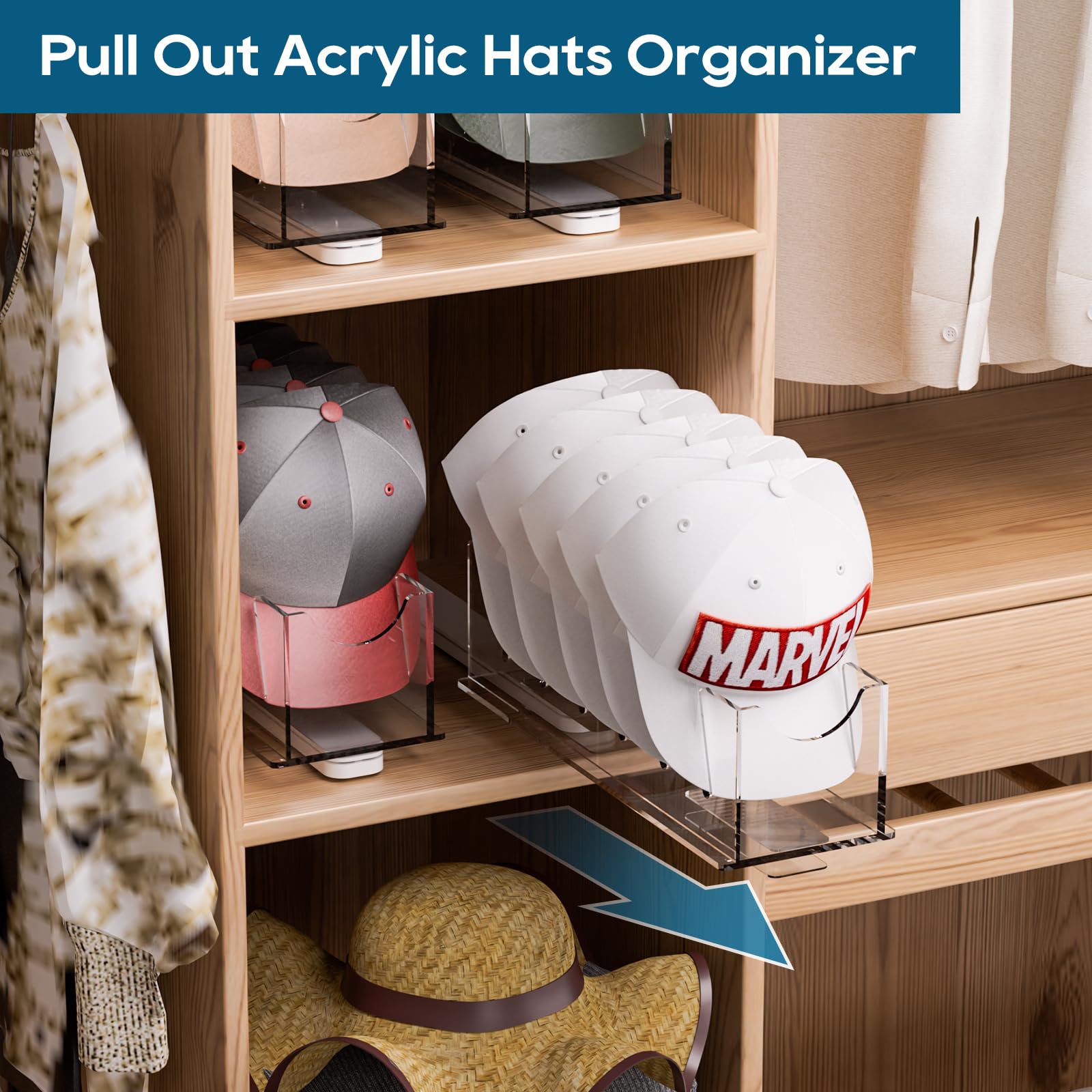 TIPSYTREE Hat Organizer for Baseball Caps, 2 Pack Acrylic Hat Organizer for Baseball Caps with Slide Rail, Hat Rack for Baseball Hats for Closet, Hat Storage Holder for Dresser (clear)
