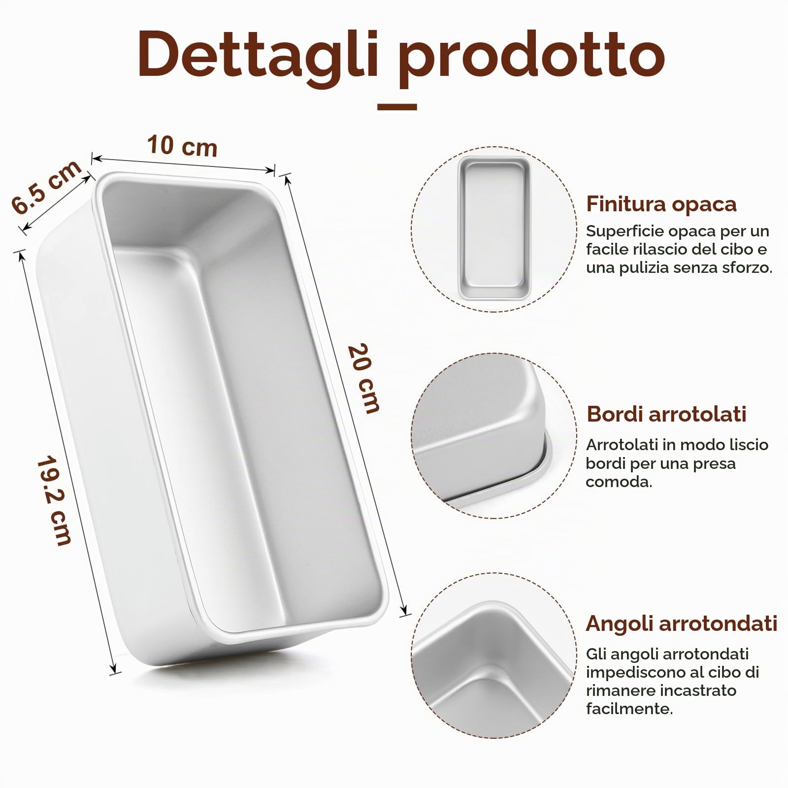 Set di 2 Teglia per pane Rettangolare in Alluminio Anodizzato, per Cuocere Pane, Torte e Toast, 20 x 10 x 6,5 cm, Argento