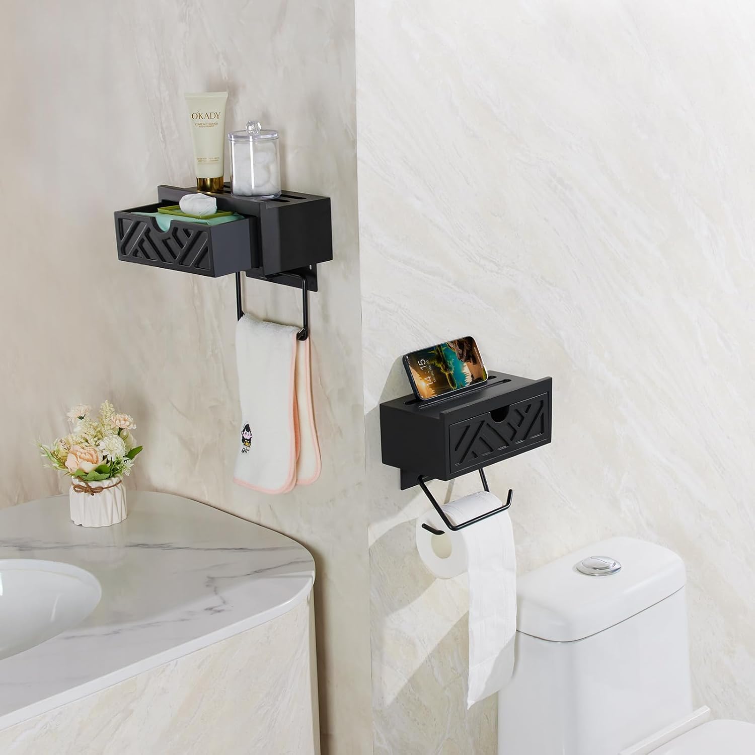 Toilet Paper Holder with Shelf, Toilet Paper Roll Holder with Storage, Adhesive/Screw Wall Mount Paper Holder, Wipes Dispenser for Bathroom, Upgrade Wooden Drawer Design Toilet Tissue Holder(Black)