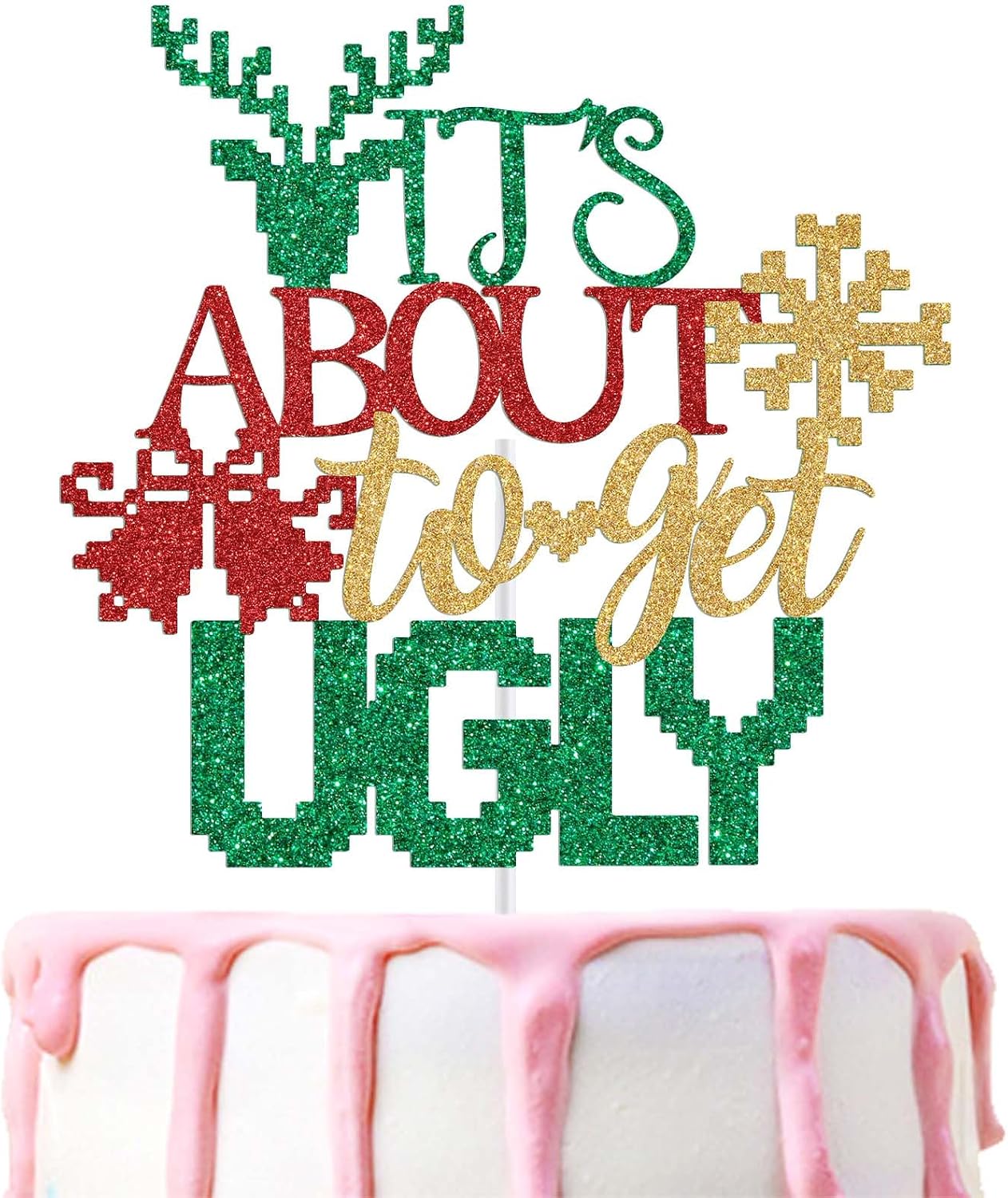 It's About to Get Ugly Cake Topper, Christmas Ugly Sweater Party Decorations, Funny Xmas Party Decoration Supplies, Funny Sweater Winter Holiday Decor Green & Red Glitter