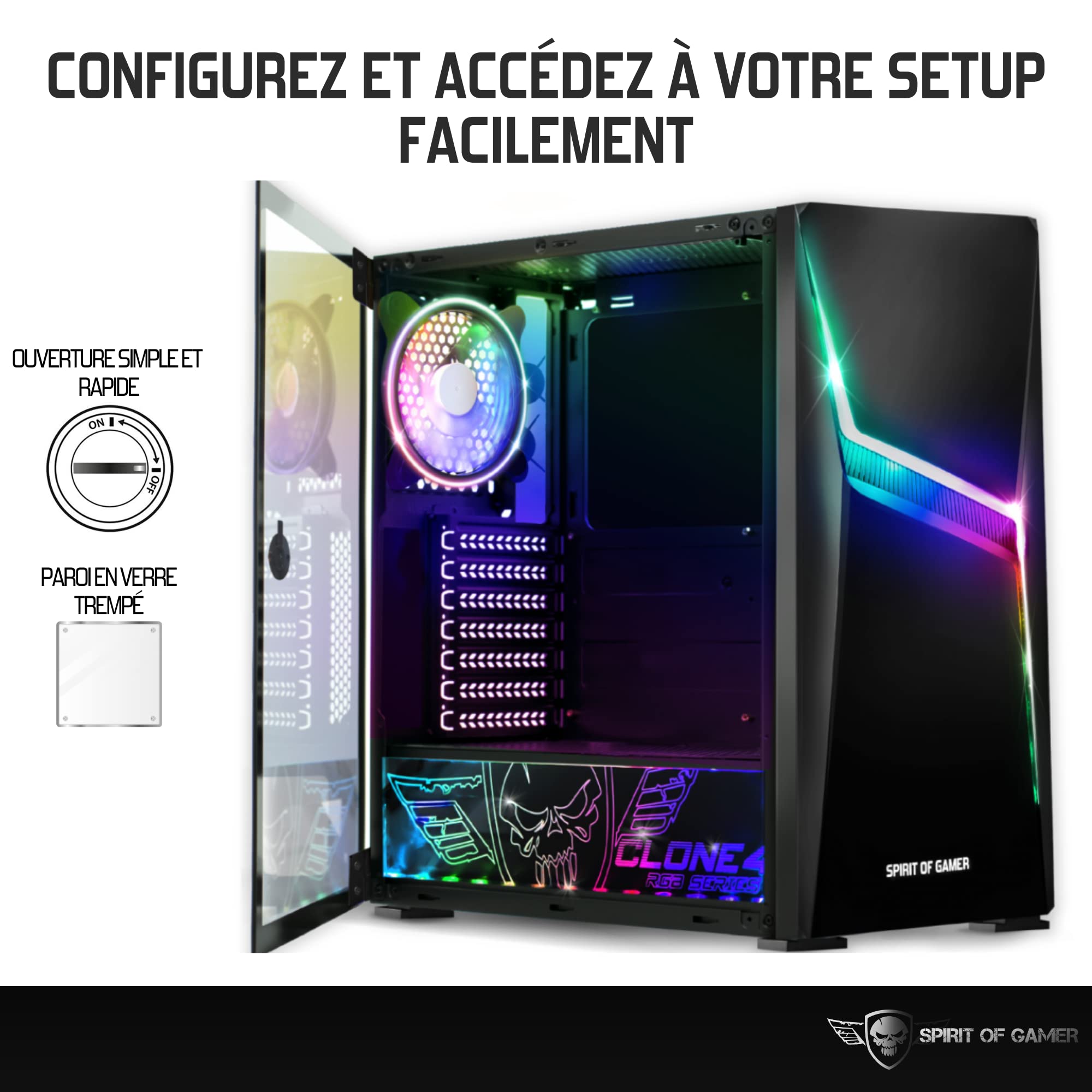Spirit Of Gamer - Clone 4 - Boitier PC Gamer RGB avec Paroi Transparente en Verre Trempé - Créez Votre PC Gaming - Tour Moyen Compatible ATX/MATX/ITX - 2 Ventilateurs 120mm Adressable Inclus (Noir)