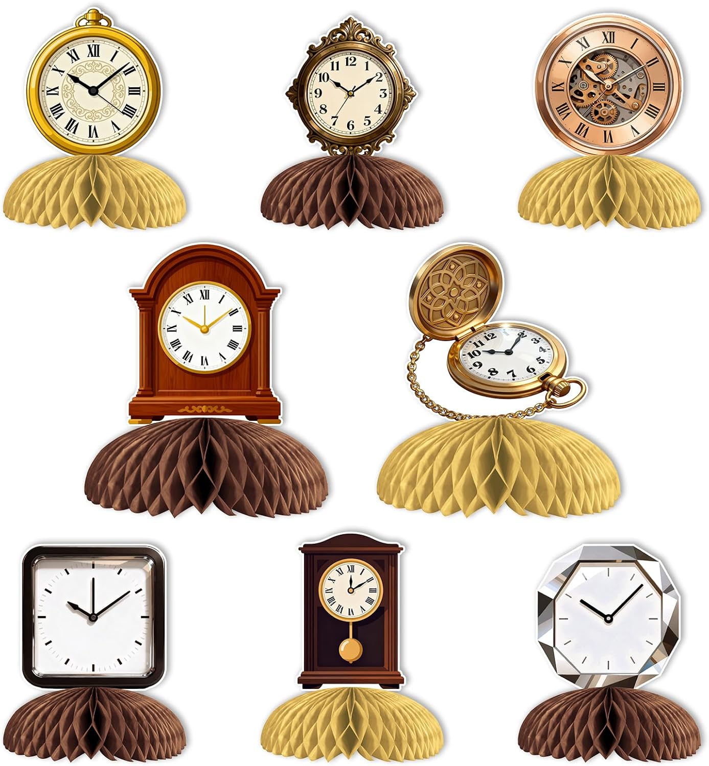 Clock Party Decorations - 8PCS Double Sided Retro Vintage Time Theme Honeycomb Centerpieces for Clock Birthday Party, Baby Shower Time Learn Class Home Decor