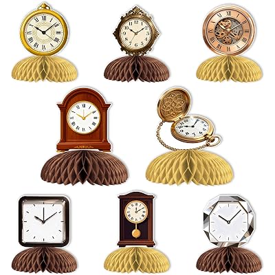 Clock Party Decorations - 8PCS Double Sided Retro Vintage Time Theme Honeycomb Centerpieces for Clock Birthday Party, Baby Shower Time Learn Class Home Decor