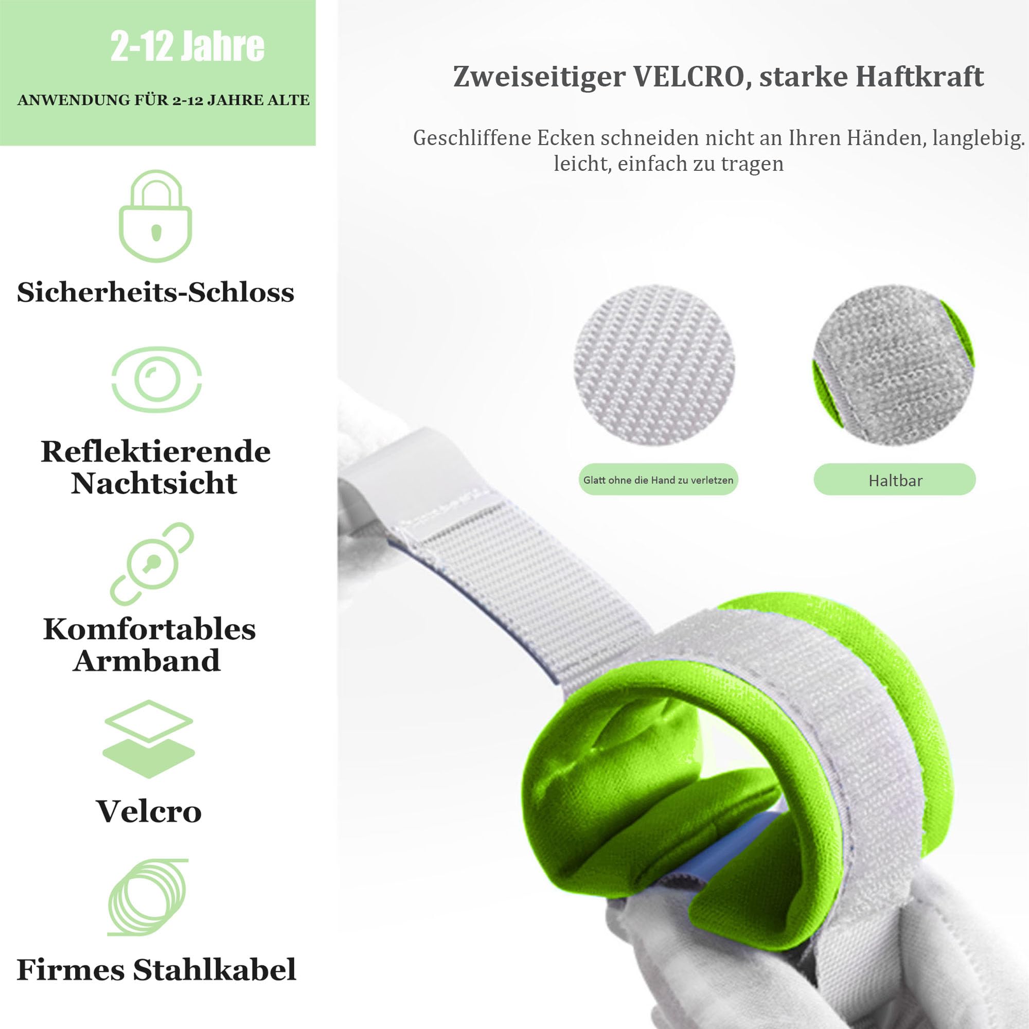 WSZCML Anti Lost Wrist Link,Toddler Harness Walking Leash with Induction Lock,Reflective Child Wrist Leashes for Baby,6.56ft Kids Leash for Supermarket Mall Airport Amusement Park Zoo Travel(Green) - Image 4