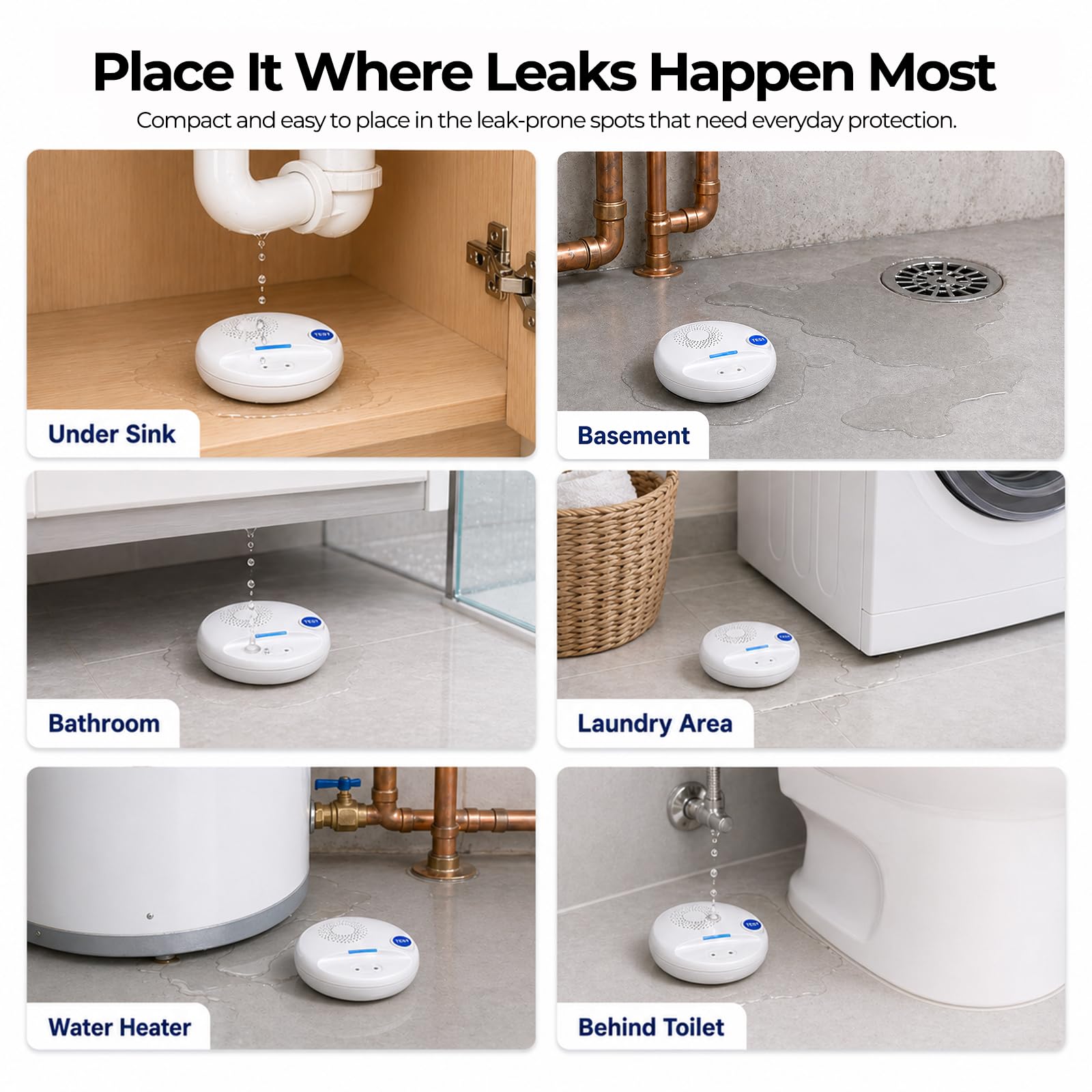 Detector de Fugas de Agua inalámbrico con Doble sonda – Alarma 100 dB, IP67 Resistente al Agua, Funciona autónomo o con Smart Hub, para sótano, Cocina, lavandería & baño