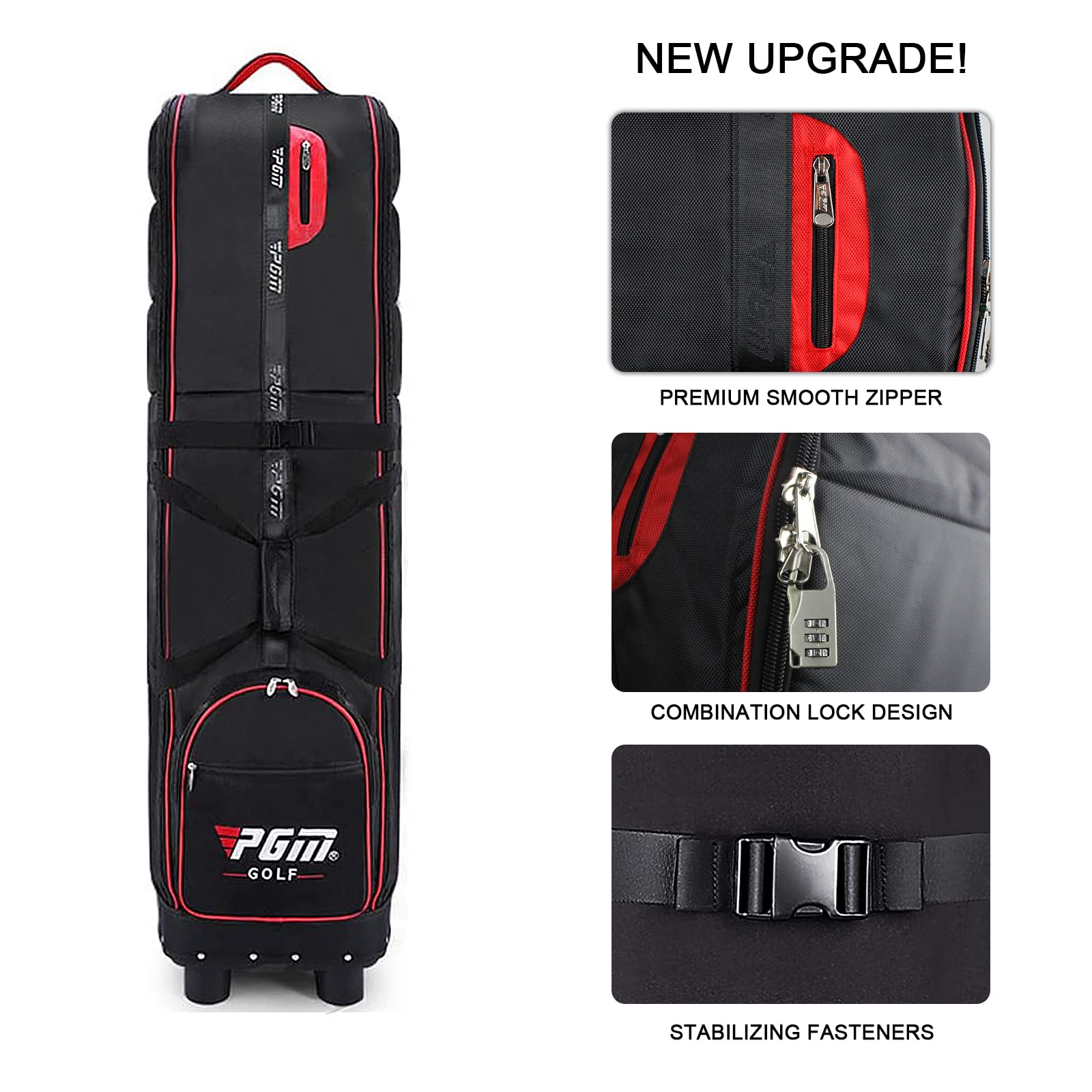 KOFULL Borsa da viaggio da golf con ruote, borsa da aviazione da golf, borsa da viaggio imbottita con ruote pieghevole (nero-rosso)