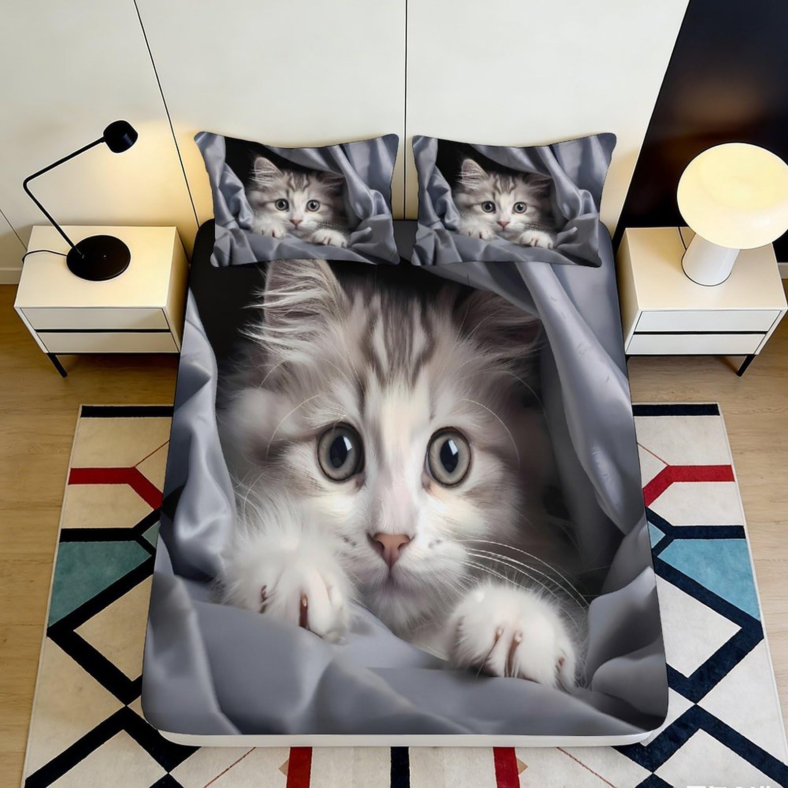 Pnayamiorkfel Style-6 3D Printed Cute Kitten Fitted Sheet Microfiber Grey Cat Pattern Mattress Cover Bedroom Decor Anti-Slip Easy Care 90X200x25cm