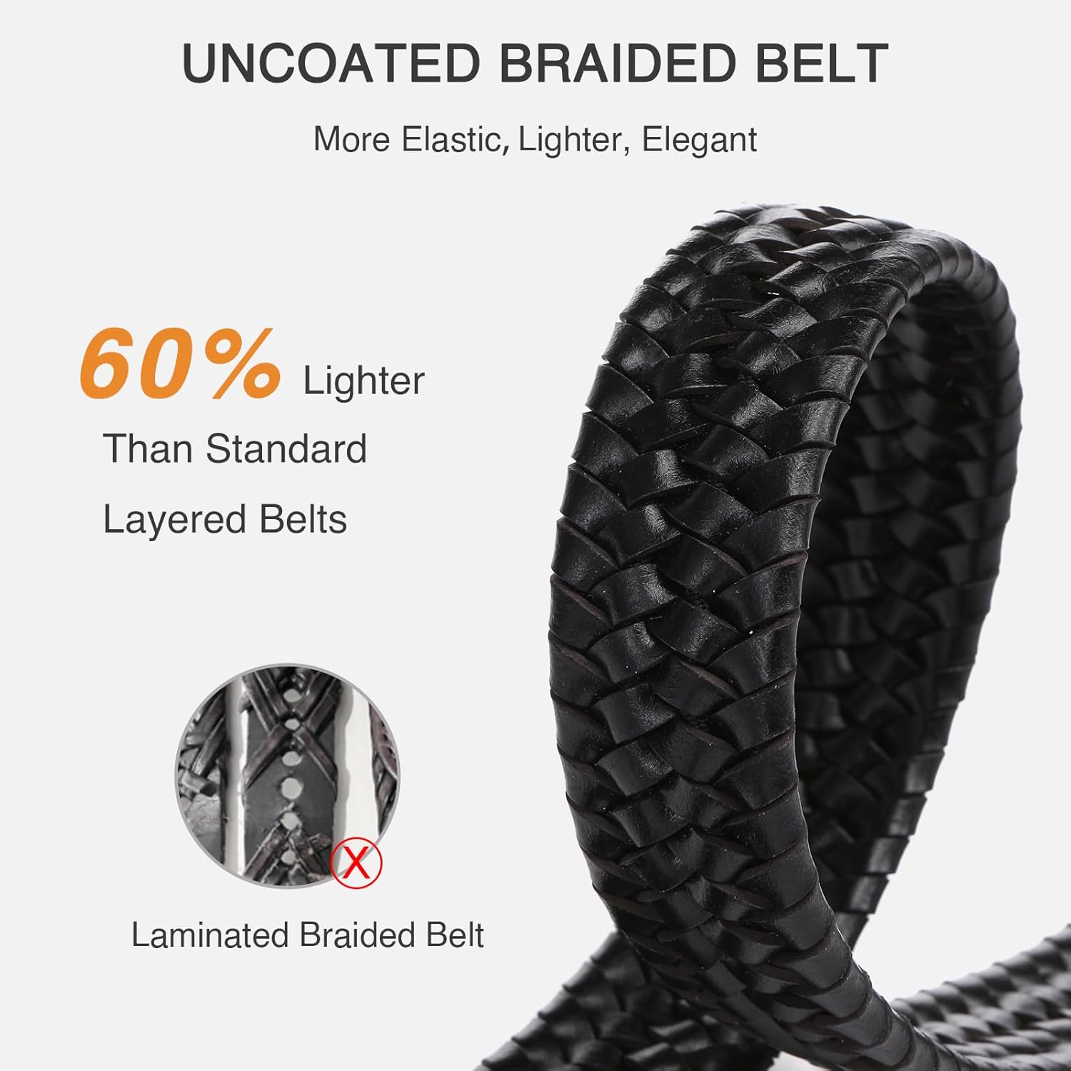 Braided Leather Belt for Men - 1 1/4“ Woven Mens Stretch Belt for Dress Pants - Mens Black Belt - Image 8