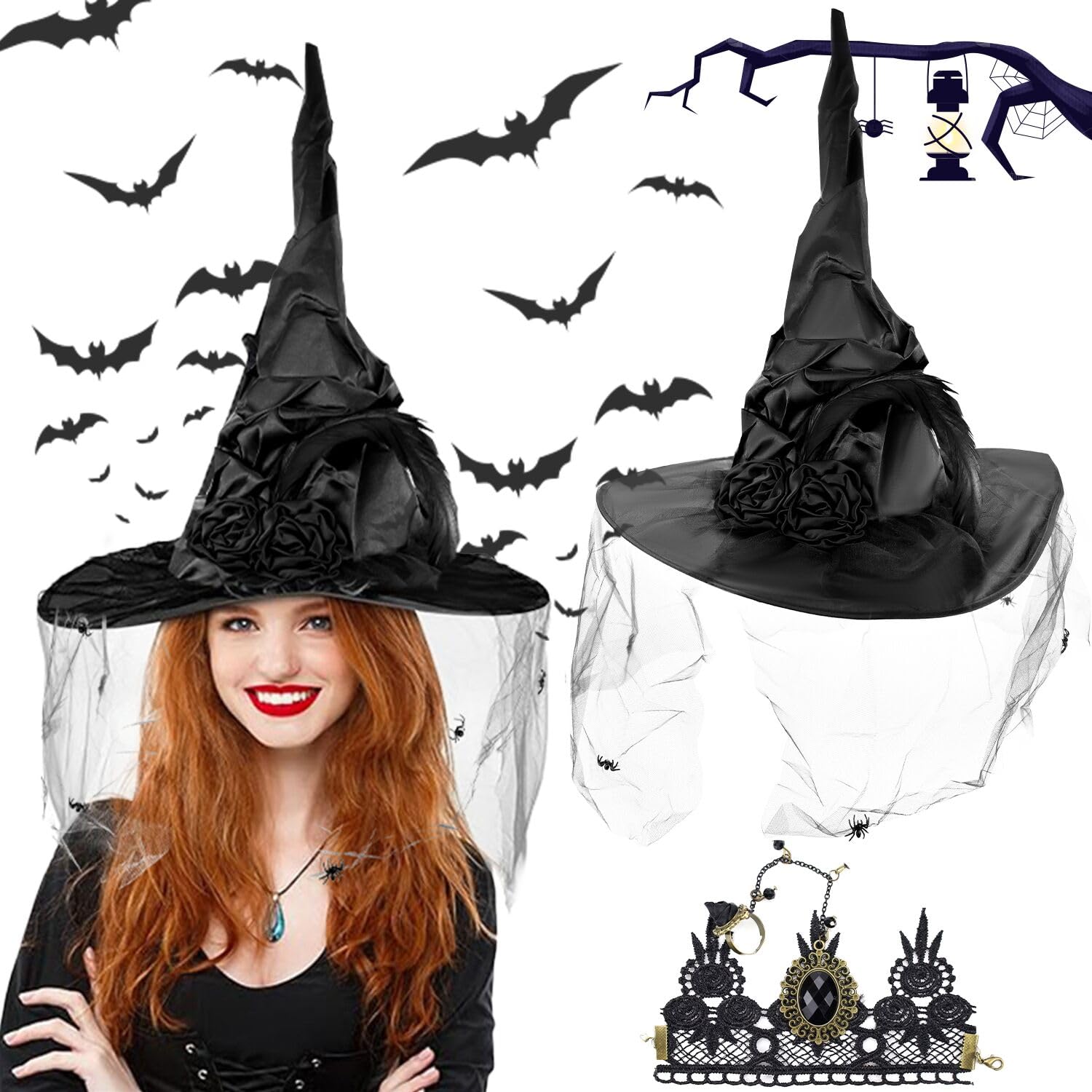 Fosoloni Pack of 2 Halloween Hanging Witch Hat Decoration, Witch Hat Headband