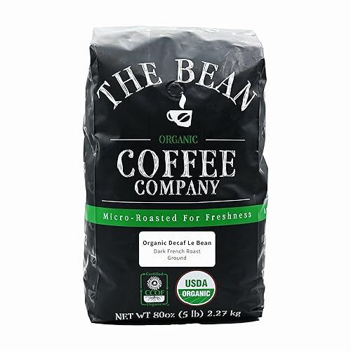 The Bean Coffee Company Grano descafeinado orgánico, tostado francés oscuro, molido, bolsa de 5 libras