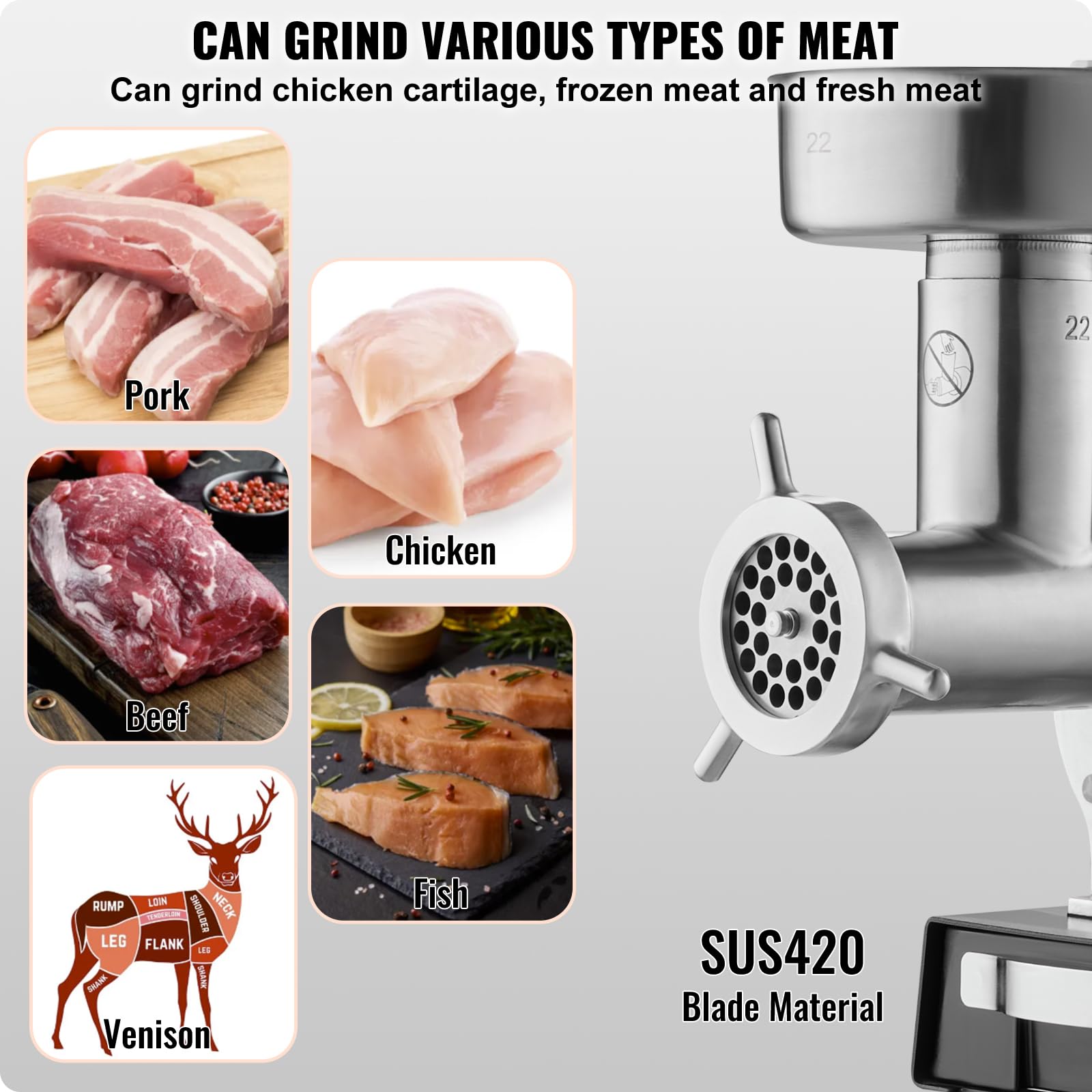 VEVOR Tritacarne Elettrico, Capacità 6,35 kg/min Tritacarne Industriale da Banco con Lama, Piastra di Macinazione, Macchina per Salsicce, Tritacarne Commerciale in Acciaio Inossidabile per Cucina