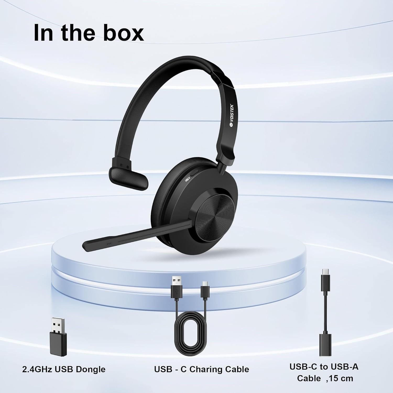 Voistek Wireless Bluetooth PC Headset, Mono Headphones with Noise Cancelling Microphone,45+ Hr Long-Lasting Battery – USB-A/C Bluetooth Adapter - Image 8