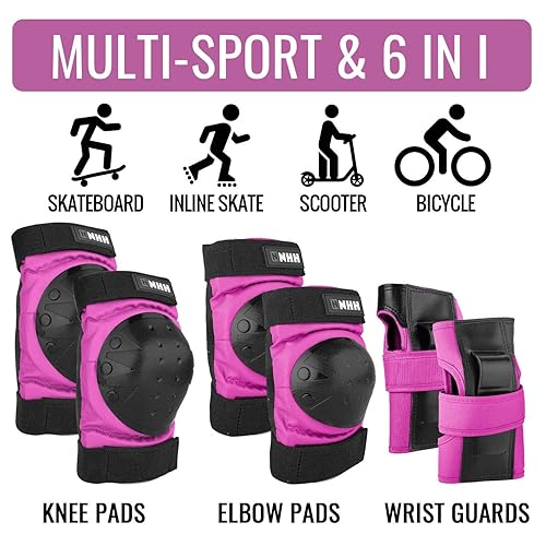 Miniatura 2 de NHH Juego de rodilleras para patineta, 6 en 1, juego de equipo de protección, rodilleras, coderas y muñequeras para niños, jóvenes, adultos, hombres