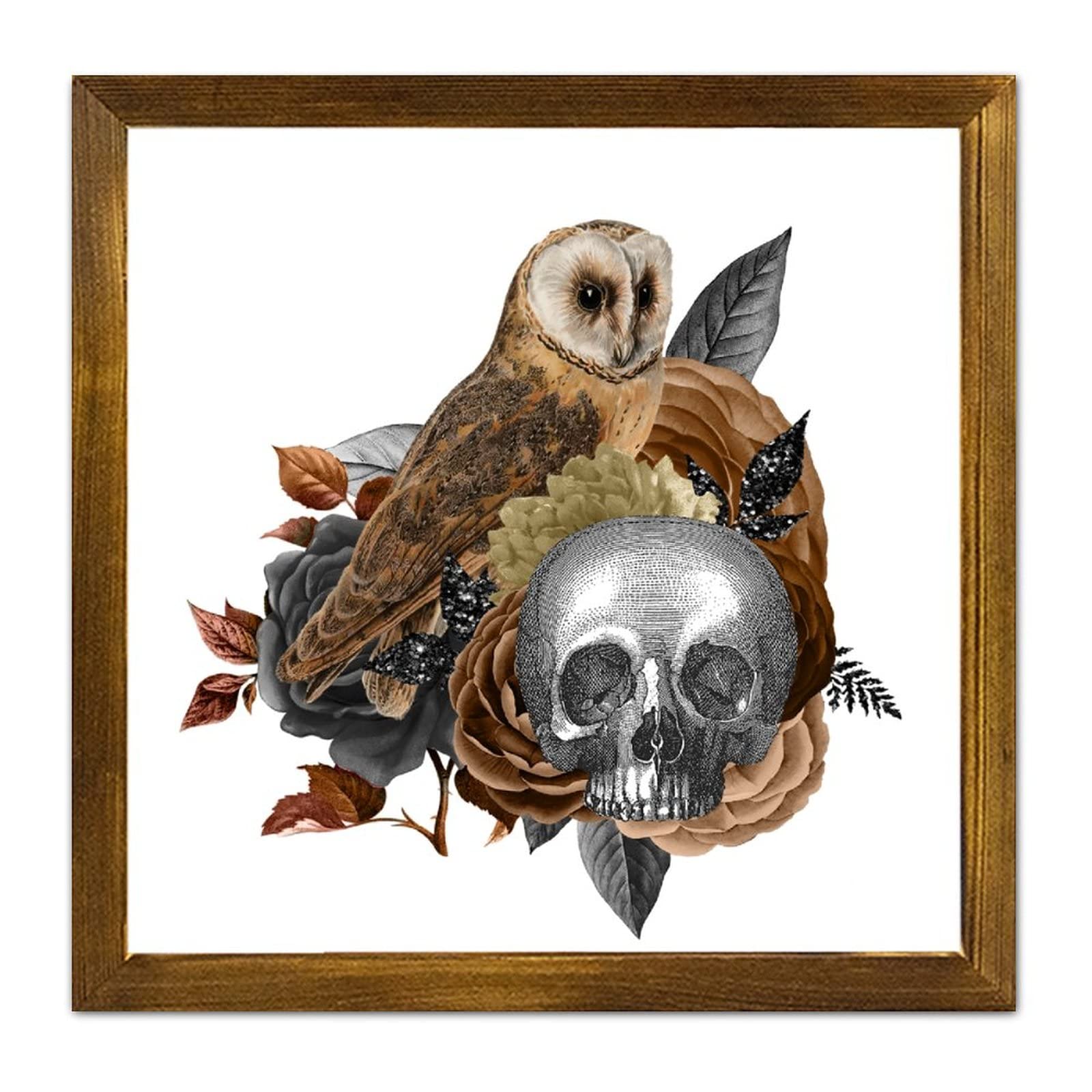 Cadre de tête de mort en bois et motif floral marron haut de gamme