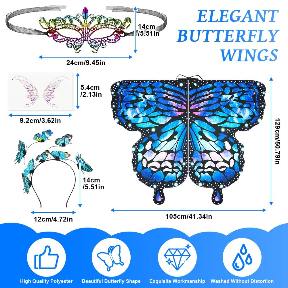 AUYAO Girl Butterfly Wing Costume Kid Butterfly Costume Cape with Mask Headband and Sticker Fairy Butterfly Wing Fancy Dress Up Costume for Halloween World Book Day Cosplay(Starry Blue) - Image 2