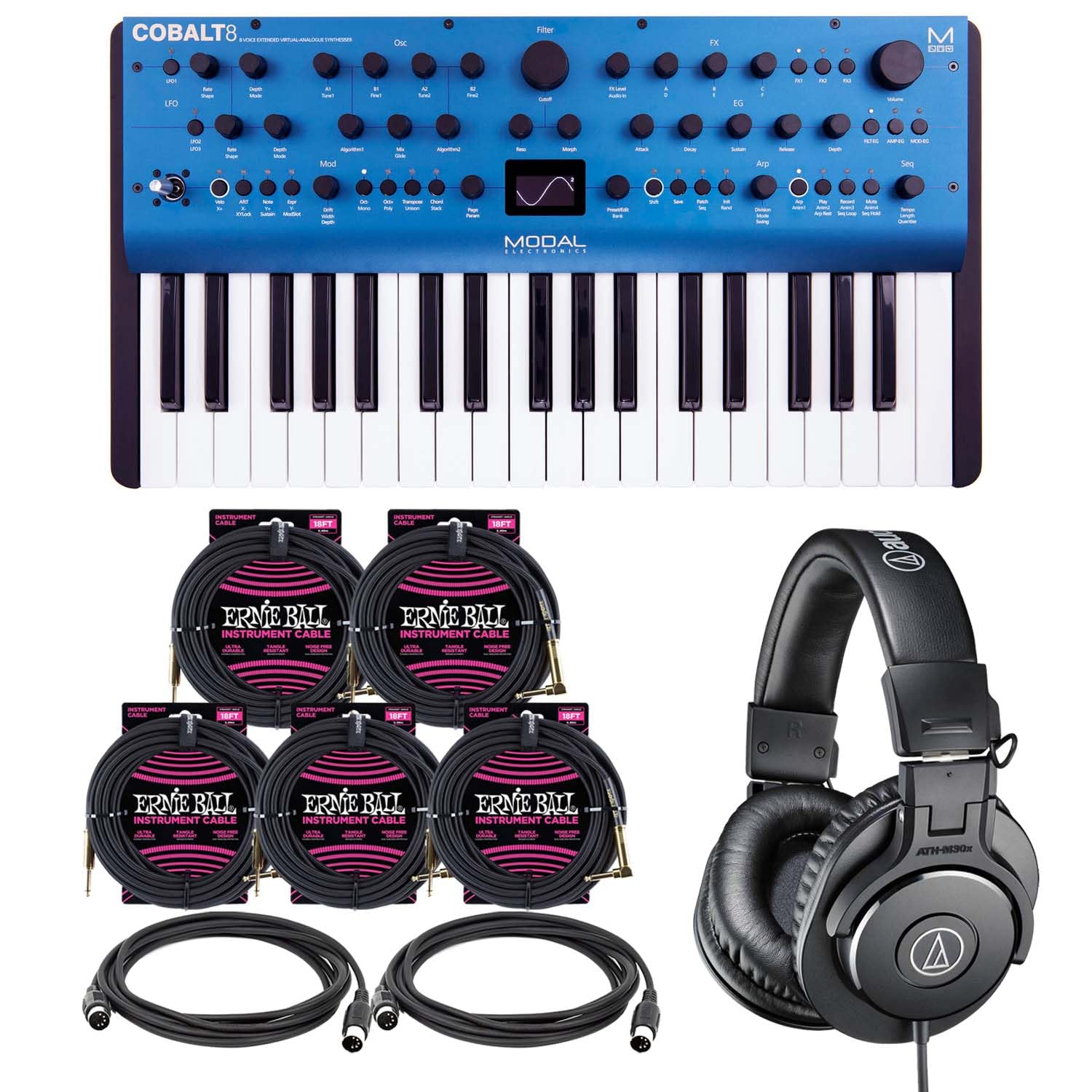 Clutch Modal Electronics COBALT8 Analog Synthesizer, (5) ErnieBall 1/4 Cable, (2) Midi Cable, AT ATH-M30X Bundle