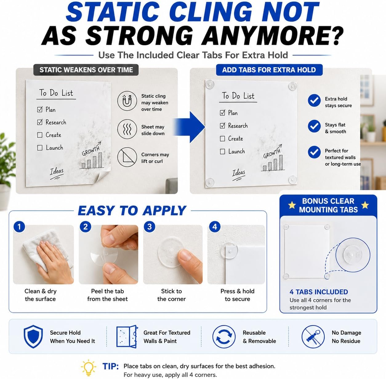 15 Sheets Static Cling Whiteboard Paper for Wall, 43 x 80cm Reusable Dry Erase Whiteboard Sheets with Eraser, Marker Holder & Mounting Tabs, Stick-On Whiteboard for Kitchen, Office, Home School