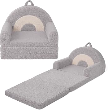 Blissful Diary Foldable Kids Couch, 2-in-1 Kids Sofa Chair, Gray Rainbow